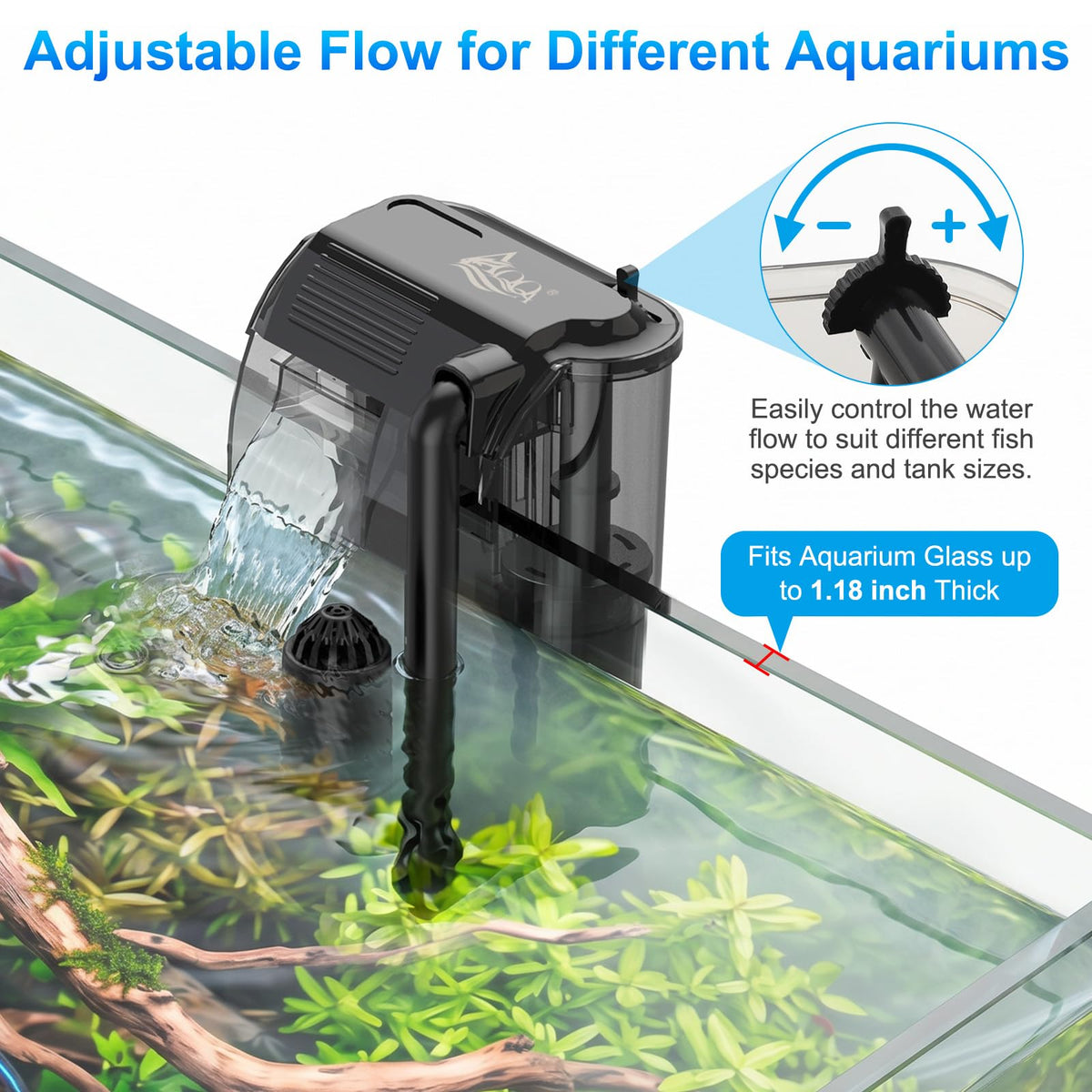 AQQA Aquarium Hang on Back Filter Slim Quiet HOB Power - AQQA Official Imagery - 4