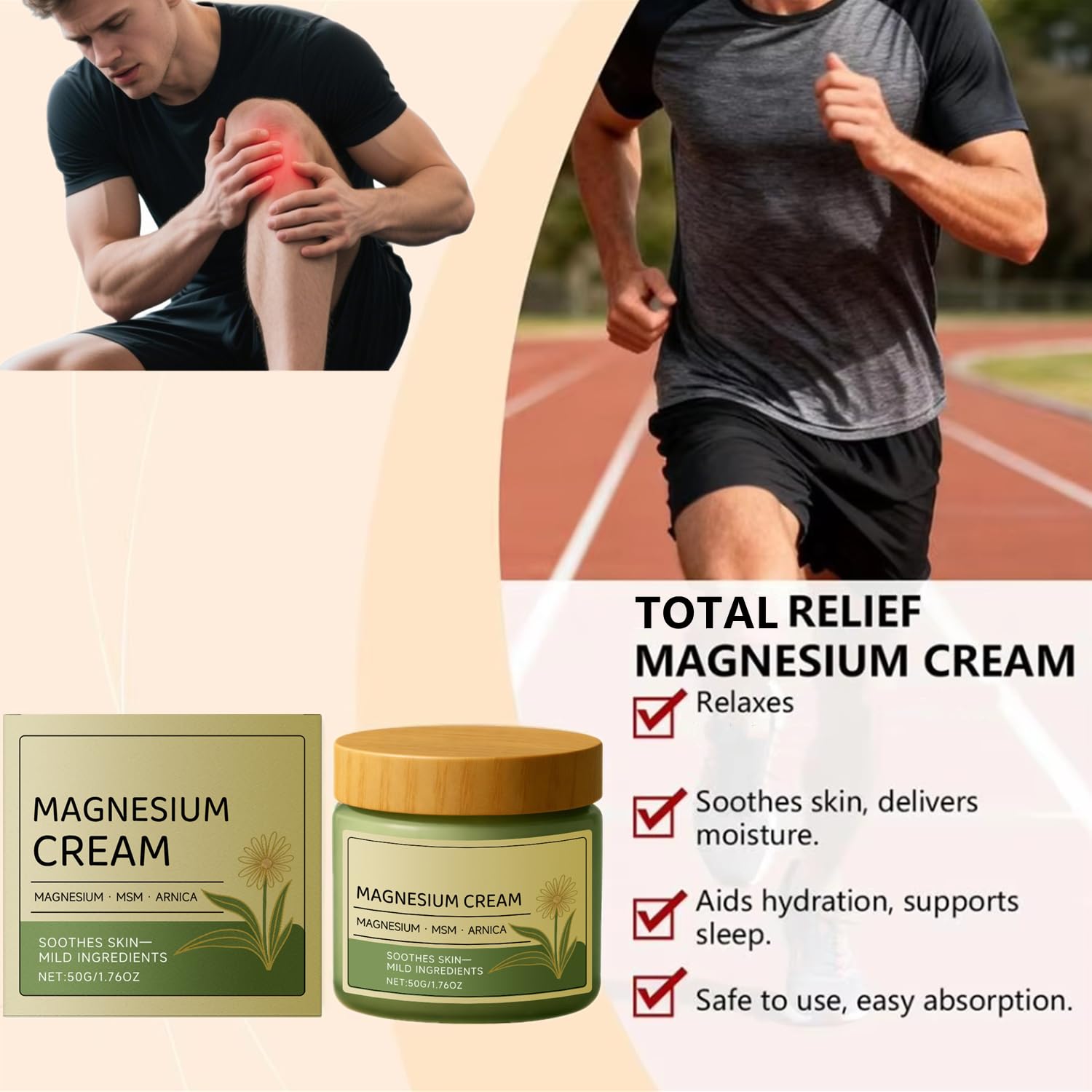 YG LianKai 2Pcs Total Relief Magnesium Cream with Arnica and MSM, Fast-Absorbing Nerve Relief Cream for Muscle Relaxation, Soothing Relief Formula for Legs, Shoulders & Back