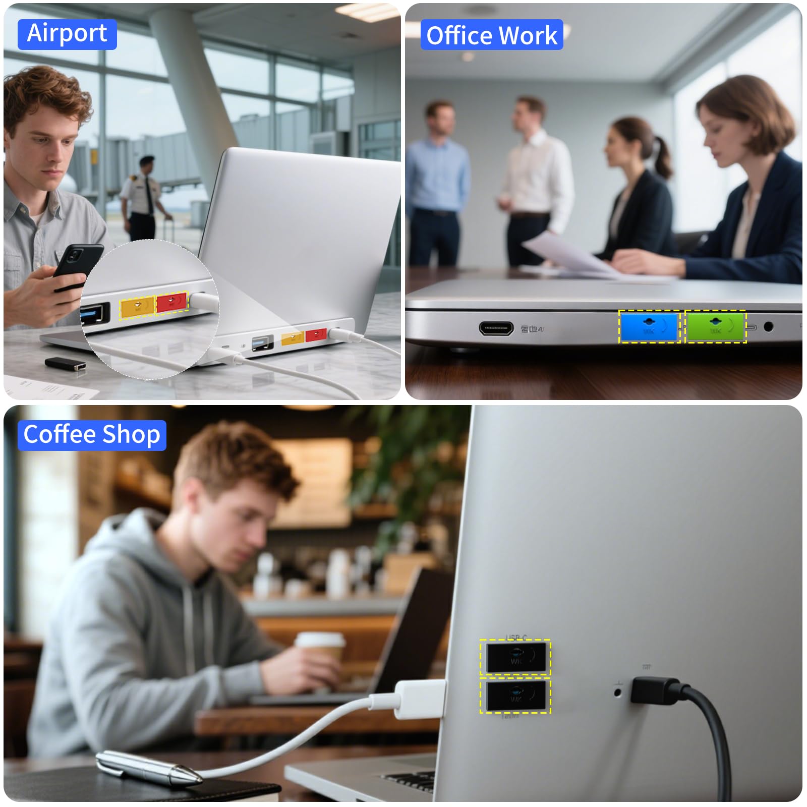 Green WXZRLIU 10-pack USB-A port blockers with keys, dust and moisture resistant shields for laptops, PCs, and gaming devices.