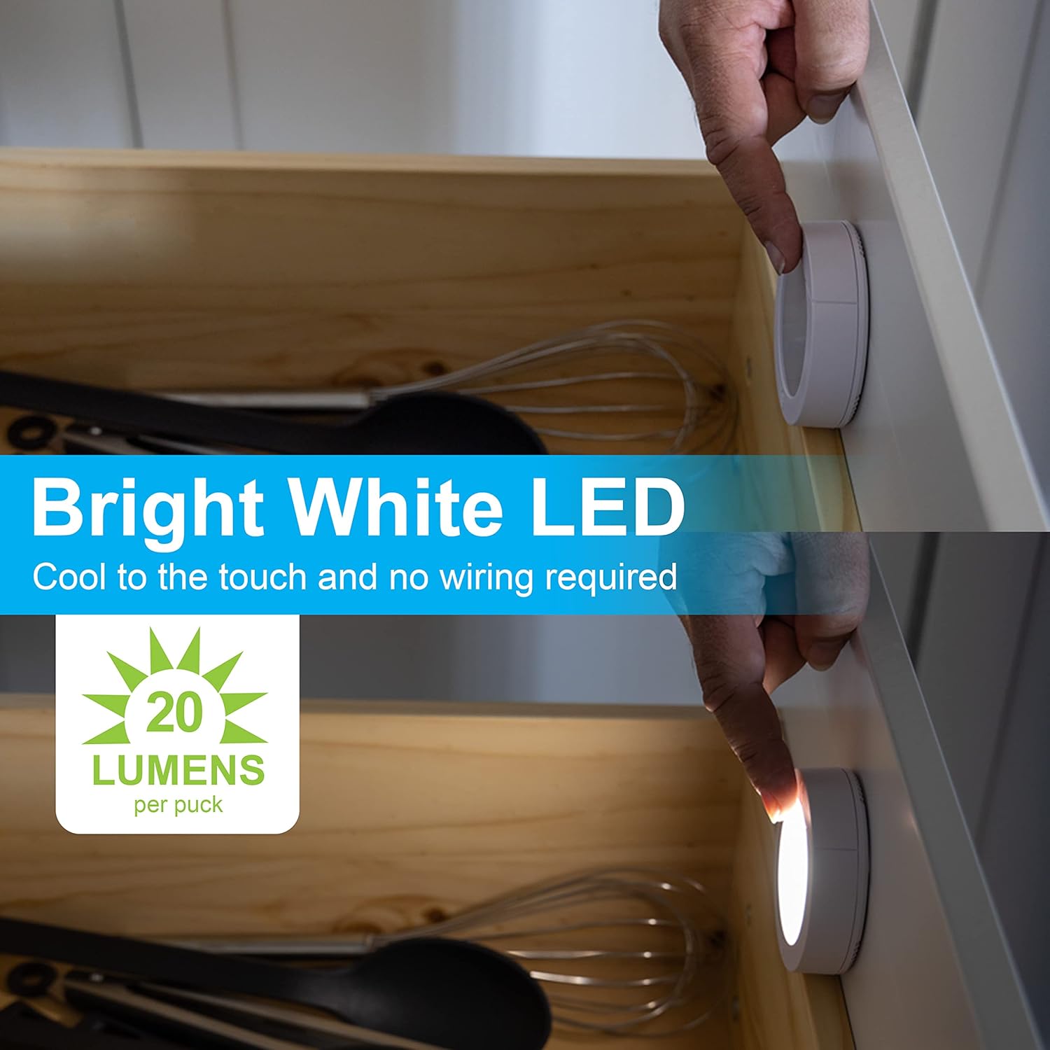 GE wireless LED tap-light, battery-operated touch-activated puck lights, 20 lumens, 2-pack for indoor lighting and cabinet illumination