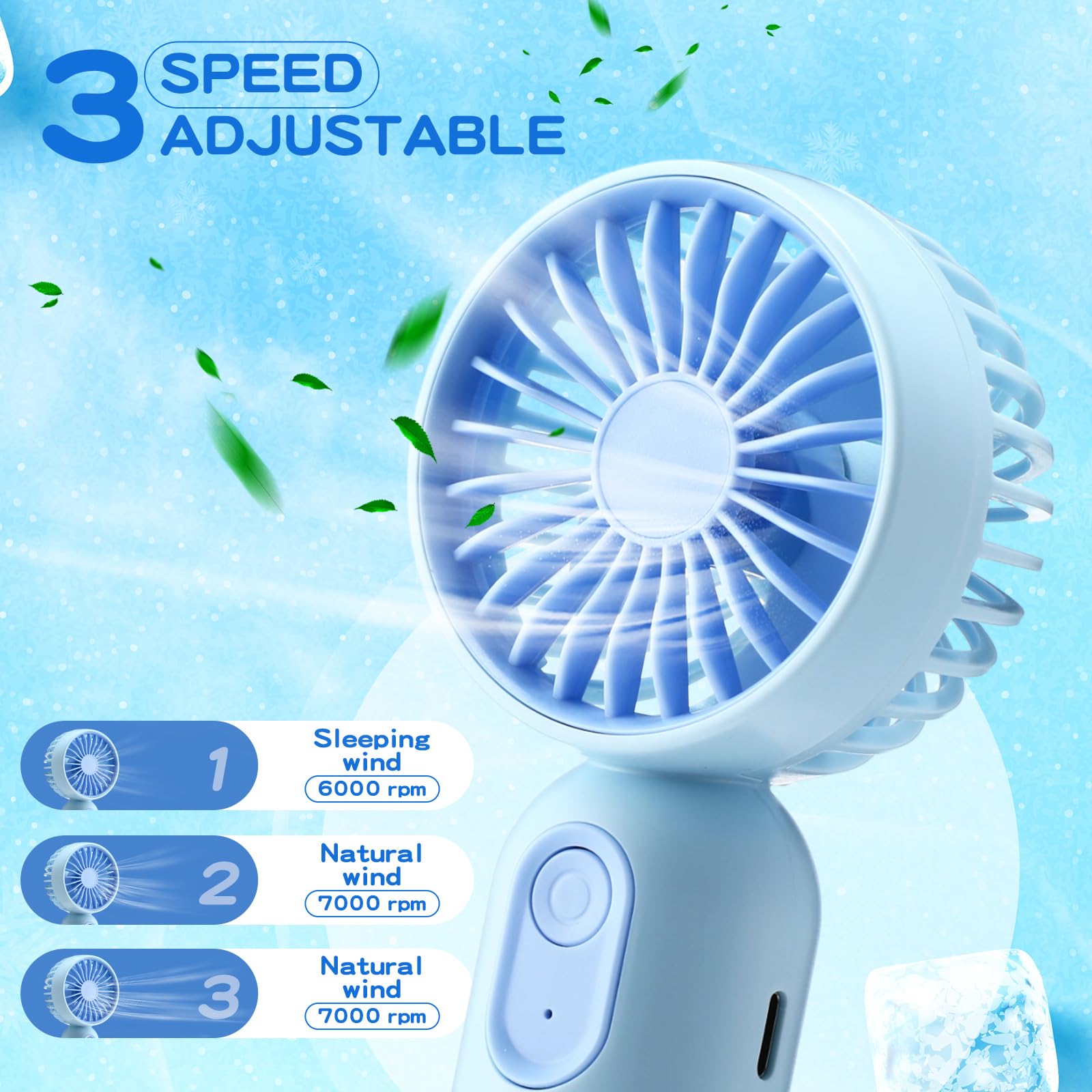Rossesay 1 Pcs Mini Portable Fan 3 Speed Rechargeable, Blue - View 4