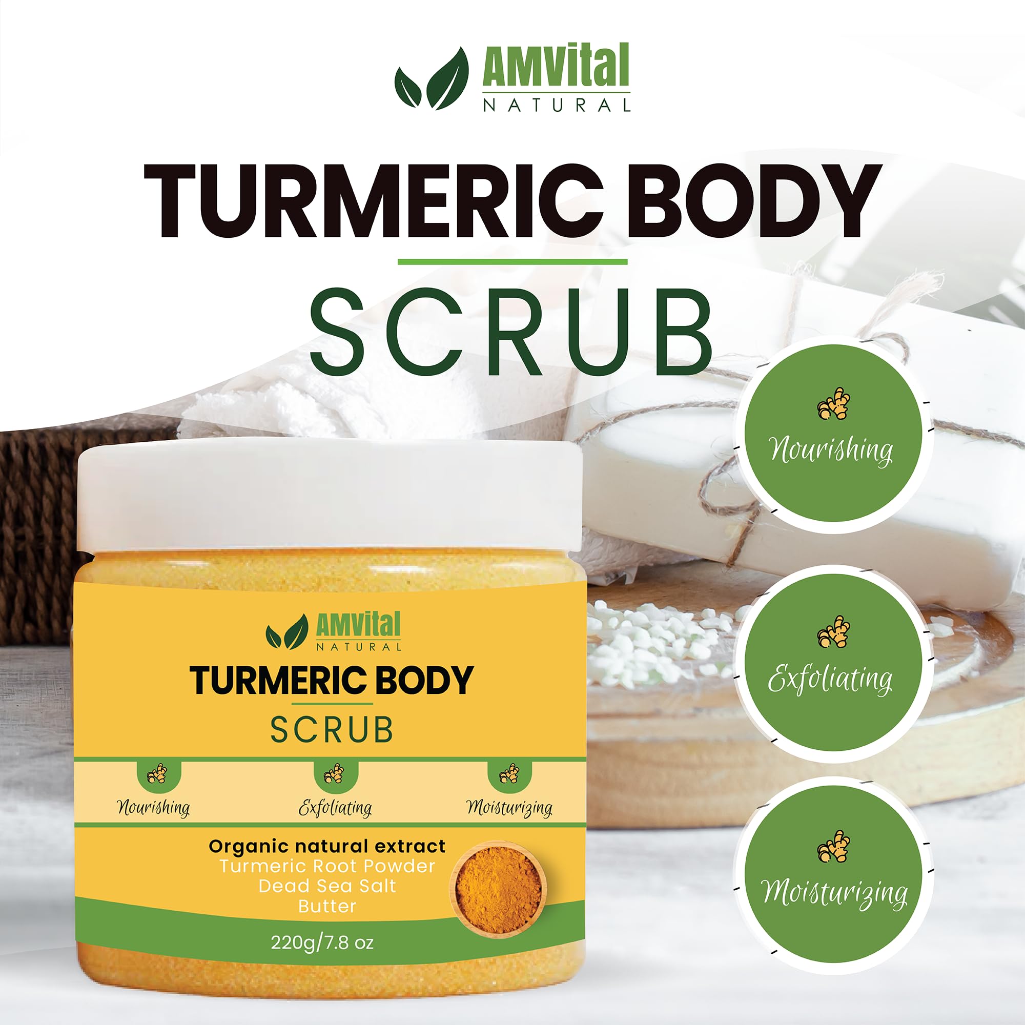 AMVital Turmeric Body Scrub, Face & Body Exfoliating Scrub, 7 - AMVital Official Product View 3