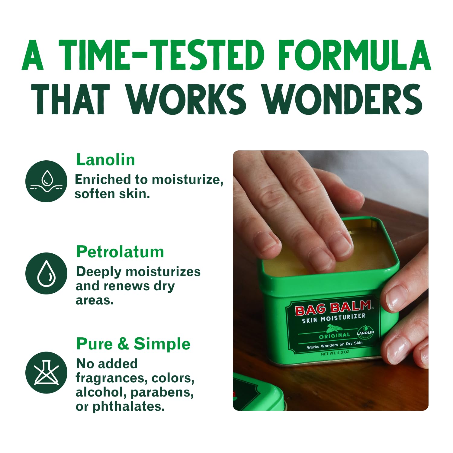 Bag Balm Original Skin Moisturizer 4oz tin, USA-made, with a classic metal container and label on a white background.