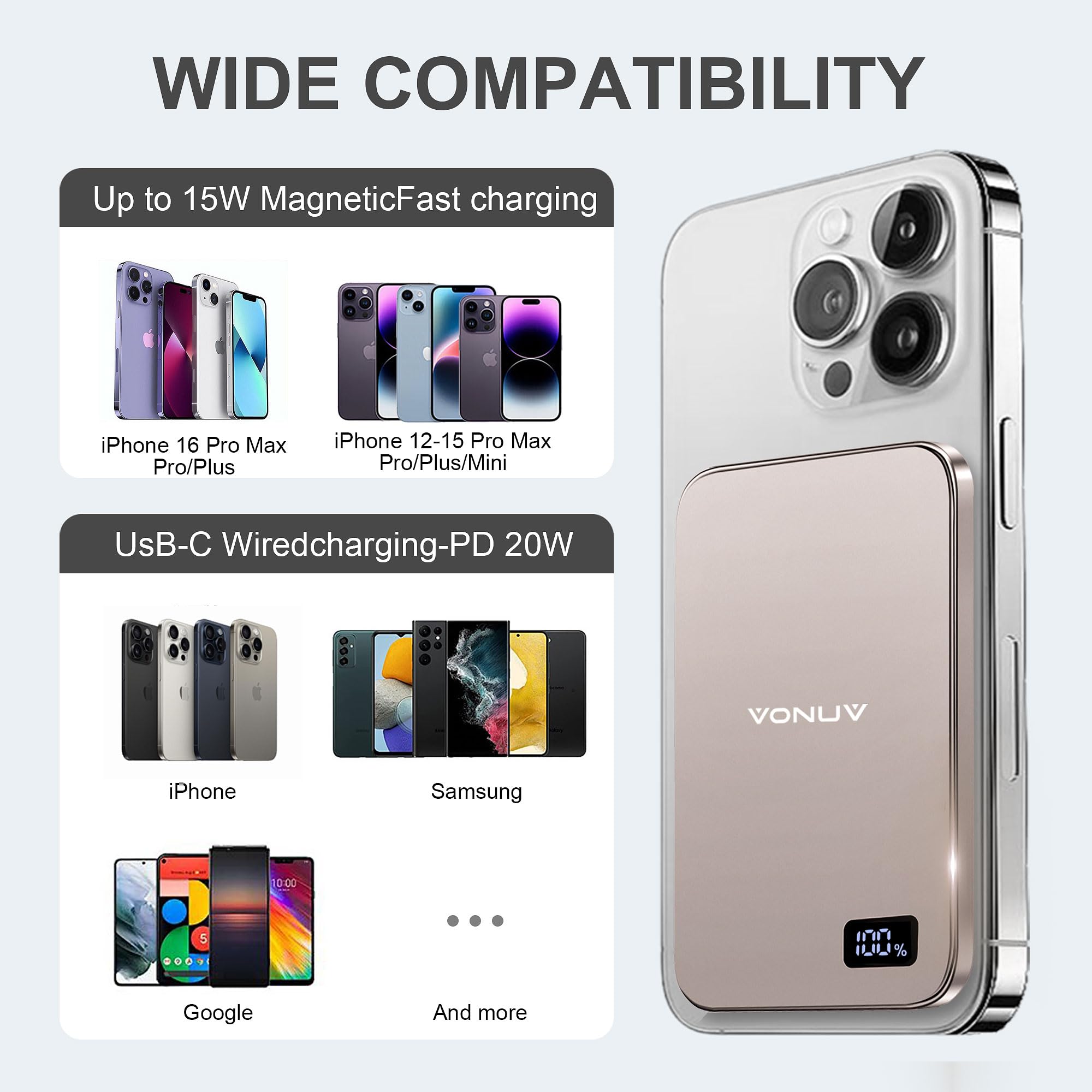 VONUV Magnetic Portable Charger 5000mAh, 15W Ultra Slim Wireless by VONUV - Angle View 5