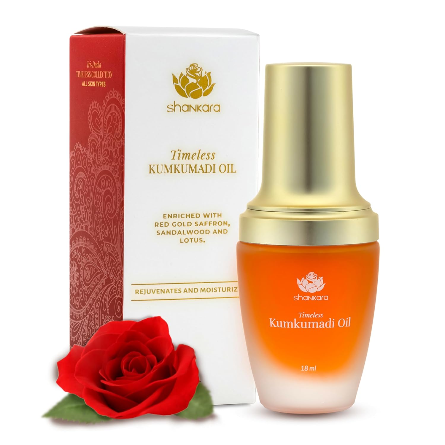 Shankara Kumkumadi Oil for face featuring pure saffron and 32 Ayurvedic flowers, in a clear glass bottle with a dropper applicator.