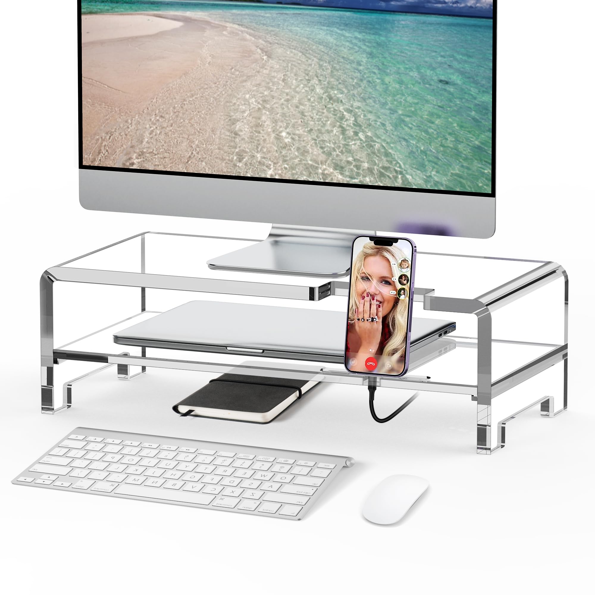 Beimu Acrylic Monitor Stand Riser Clear Laptop Stand 2-Tier L16 xW7.5 xH4.7