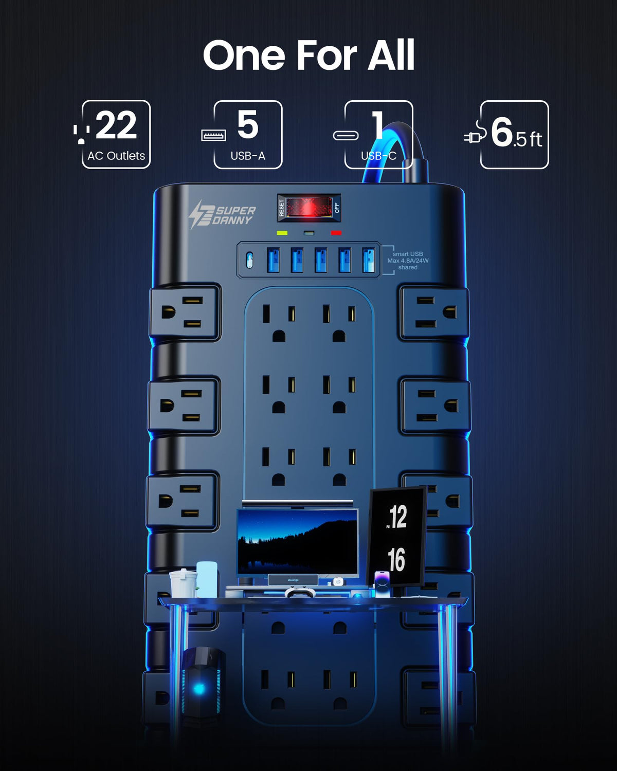 SUPERDANNY Power Strip Surge Protector 22 AC 6 USB 2100J 6 - SUPERDANNY Official Imagery - 3