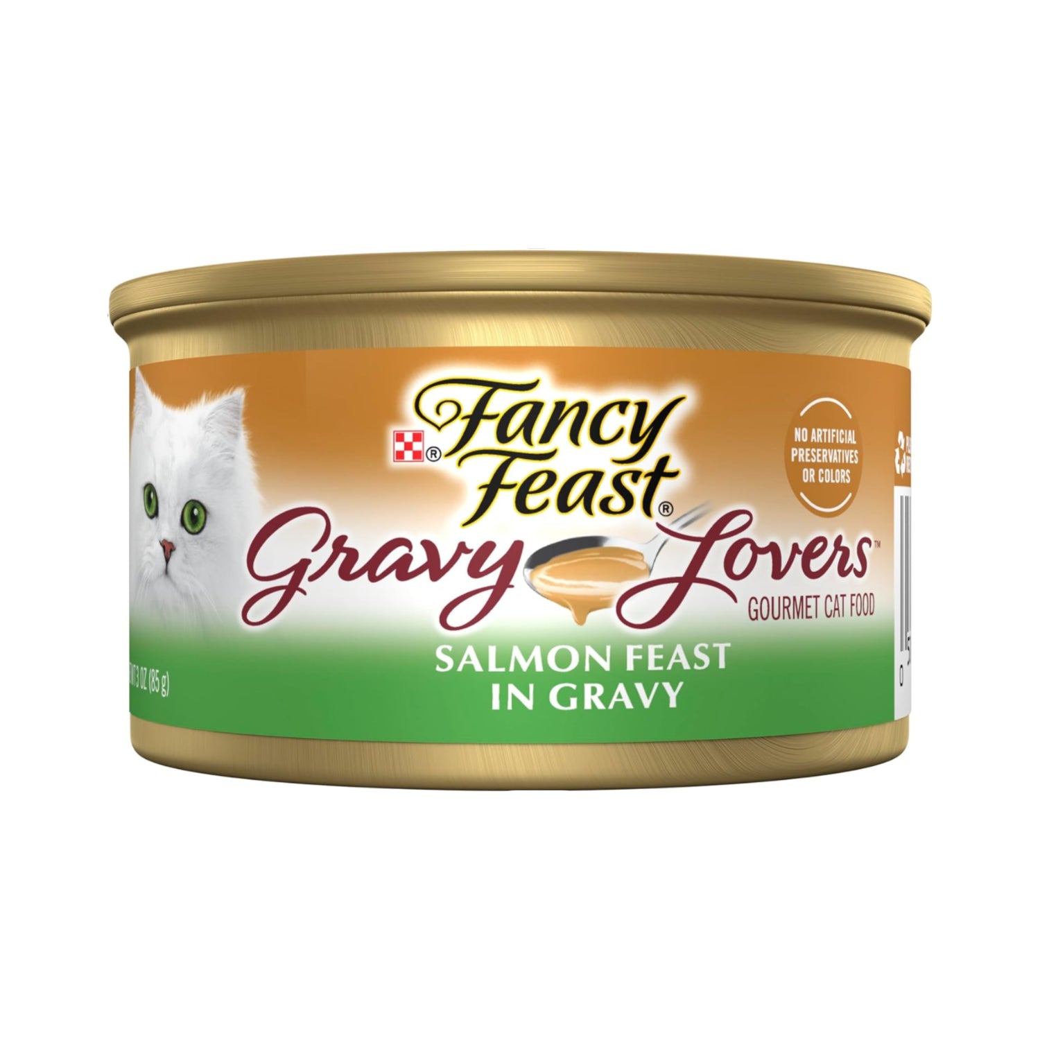 Fancy Feast Salmon Feast gourmet cat food in 3 oz. cans, featuring gravy lovers grilled flavor for wet cat food.