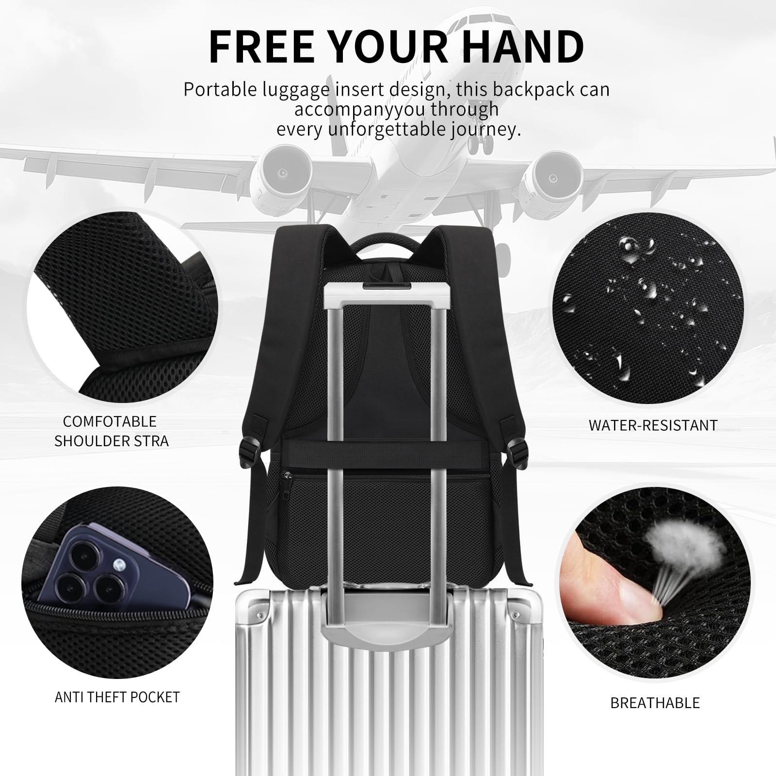 LIECDRO black backpack for men and teens, 15.6-inch laptop bag with reinforced straps, suitable for school, work, and travel.