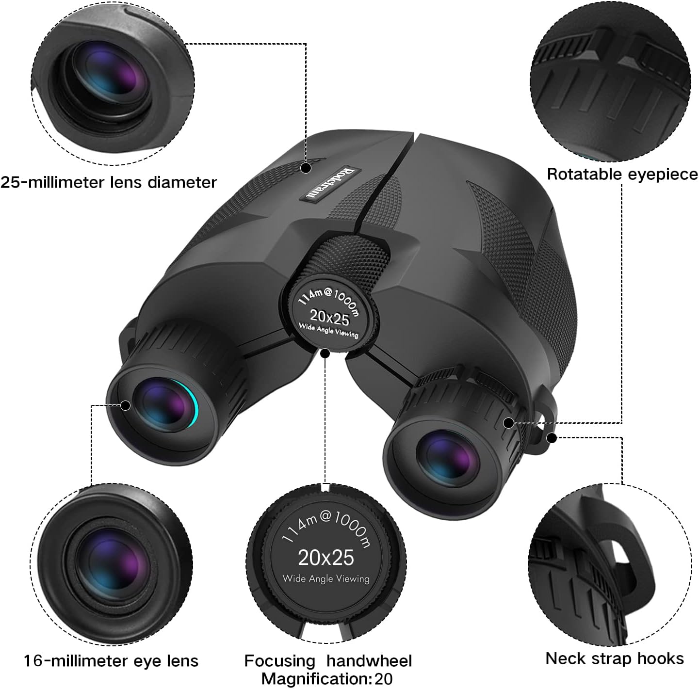 Rodcirant 20x25 compact waterproof binoculars for adults with large eyepiece, high-powered for clear outdoor viewing