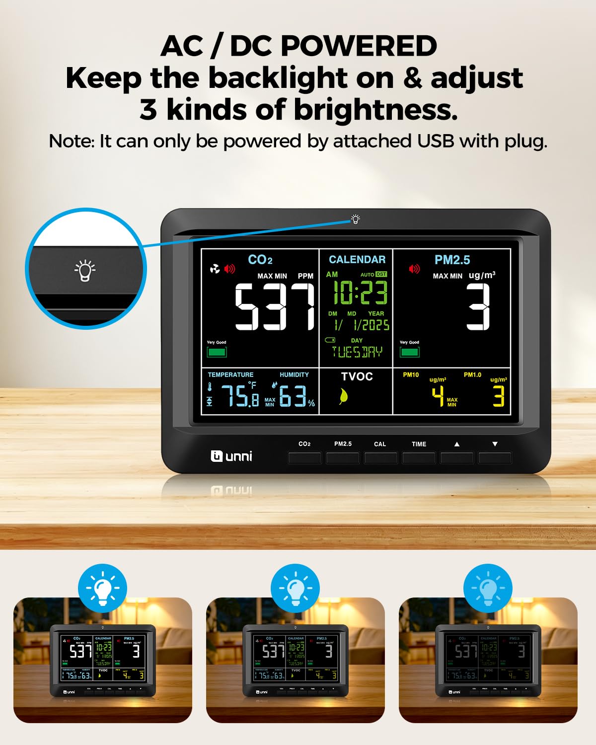 U UNNI Air Quality Monitor 7.5" CO2 PM2.5 TVOC Indoor