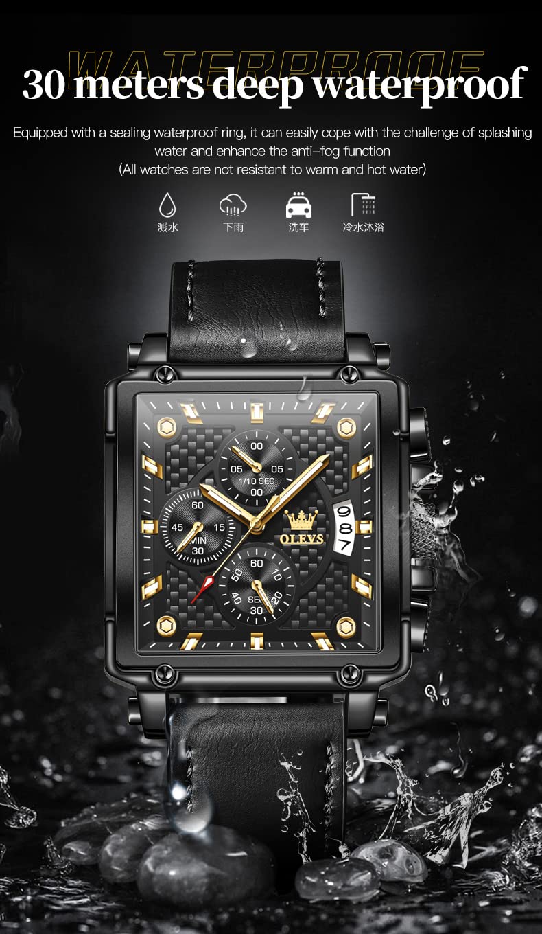 OLEVS Men's Square Chronograph Watch Black Leather Black Dial