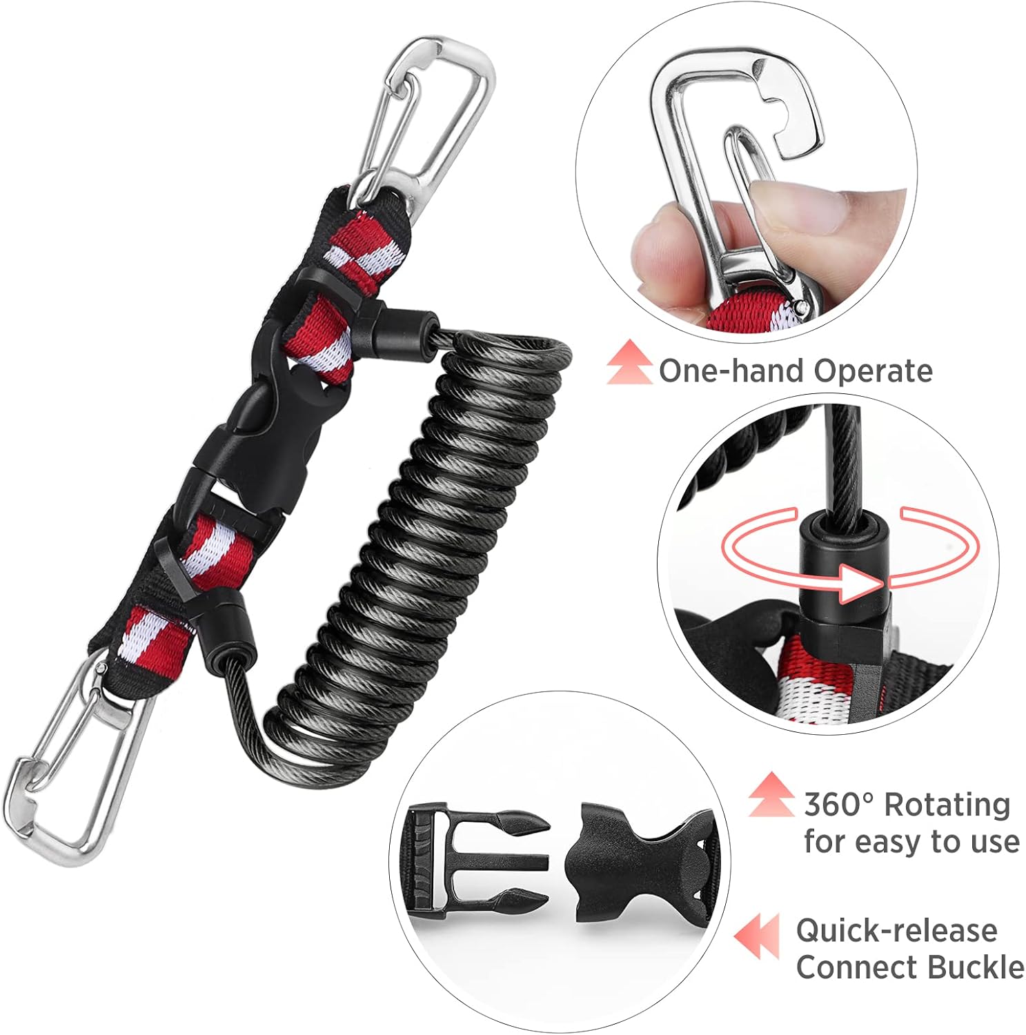 OVOVFANY scuba retractable lanyard with stainless steel double-clips and spiral core for secure, durable anchoring.