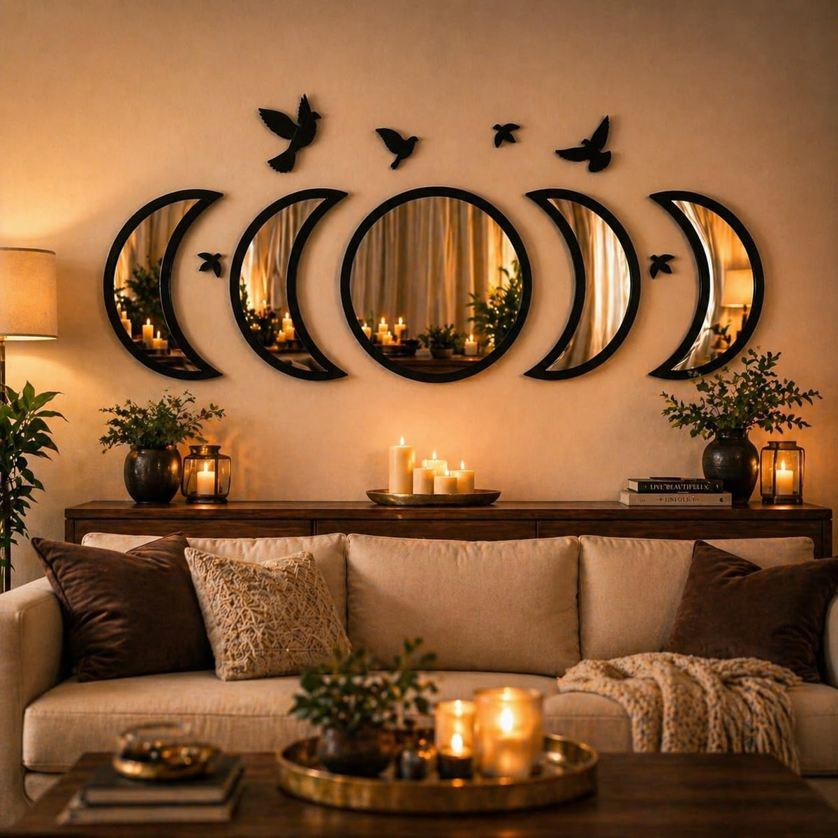 NESHE Moon Phase Mirror Wall Decor Set with Birds - NESHE Official Imagery - 1