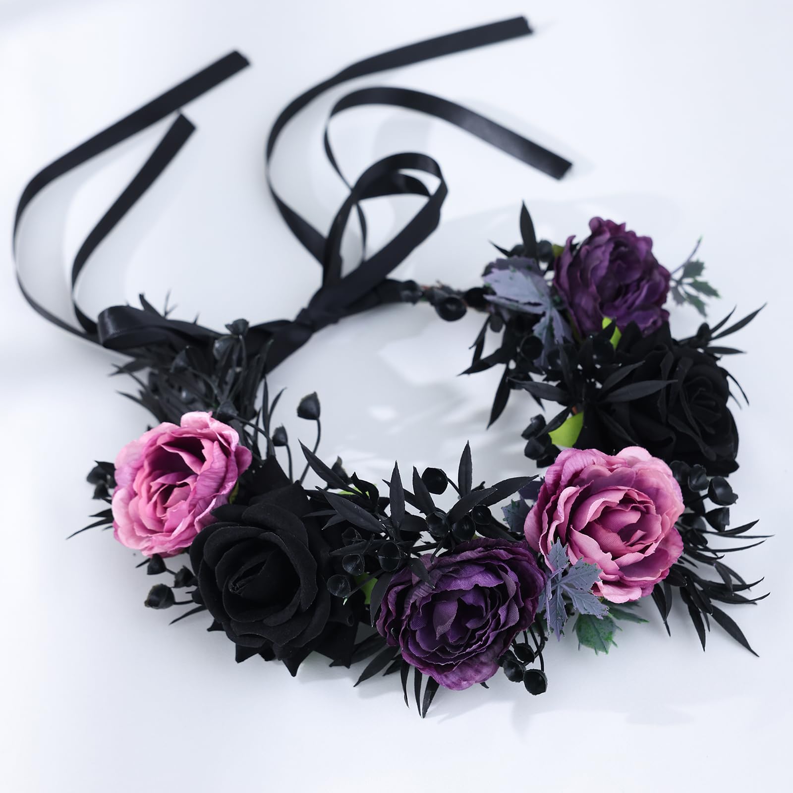 Black and purple gothic flower crown hairband with rose accents, dark romantic style, by Flagogoo.