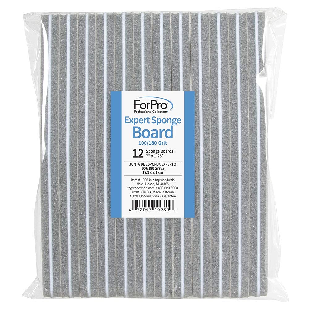 ForPro Professional Collection Expert Sponge Board, 100/180 Grit, Double-Sided Nail Board, 7” L x 1.25” W, 12-Count