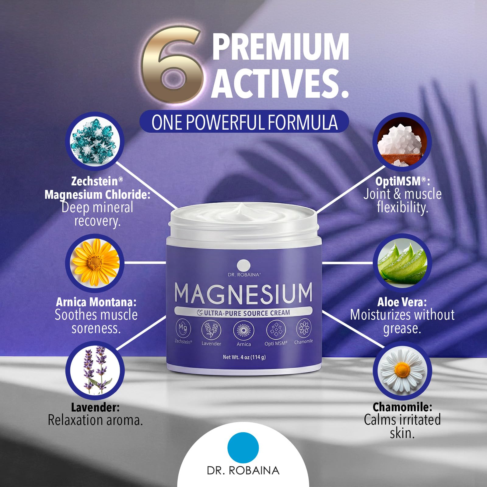 Dr. Robaina Lavender Magnesium Cream in a 4 oz jar, featuring Zechstein magnesium and lavender oil for relaxation and muscle soothing.