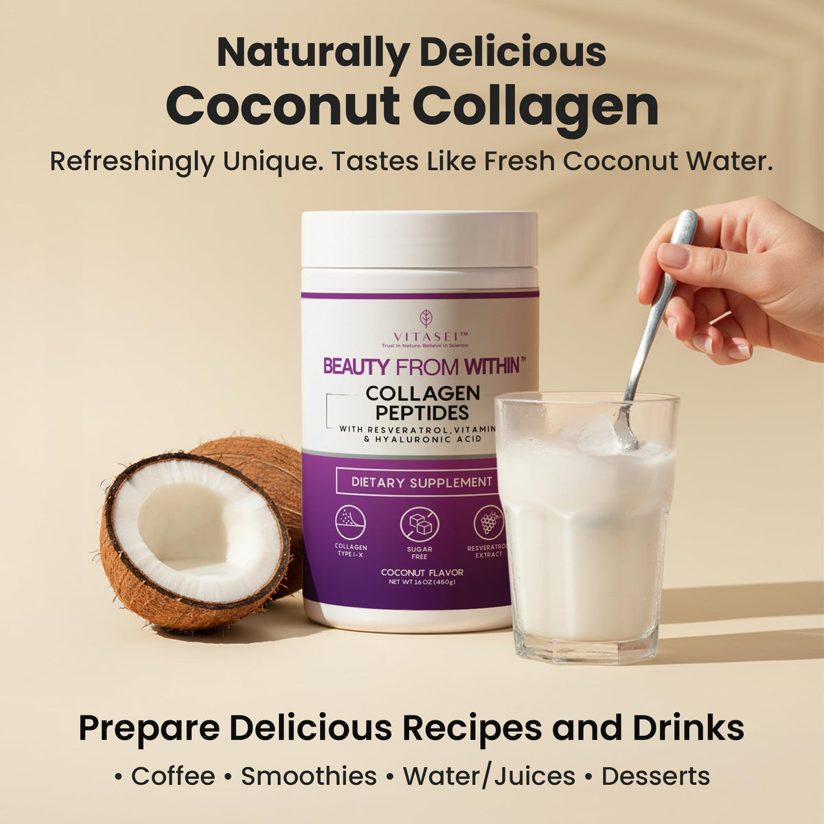 VITASEI Hydrolyzed Collagen Peptide Powder Drink Coconut - VITASEI Official Imagery - 4