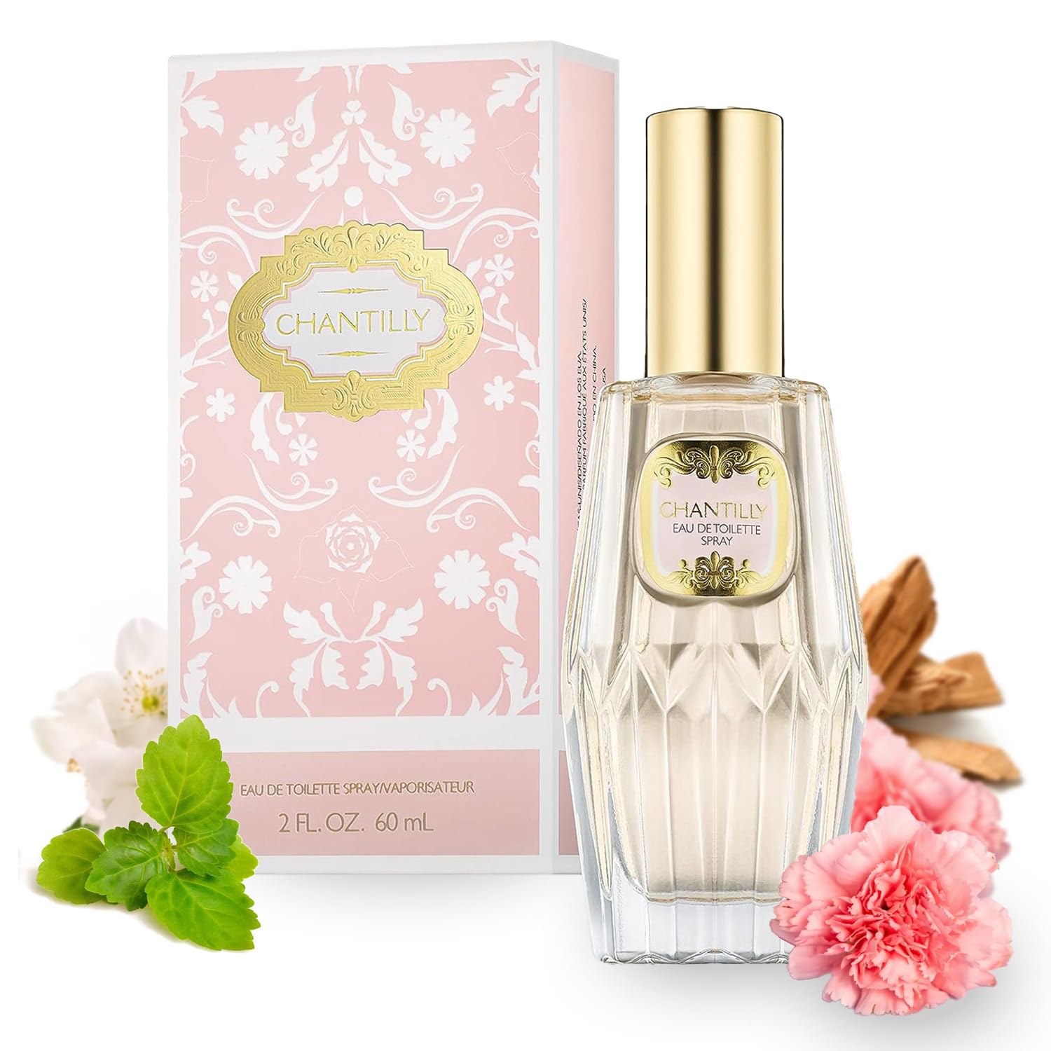 Dana Chantilly Eau De Toilette spray for women, 2 fl oz bottle with elegant floral packaging, showcasing the fragrance.