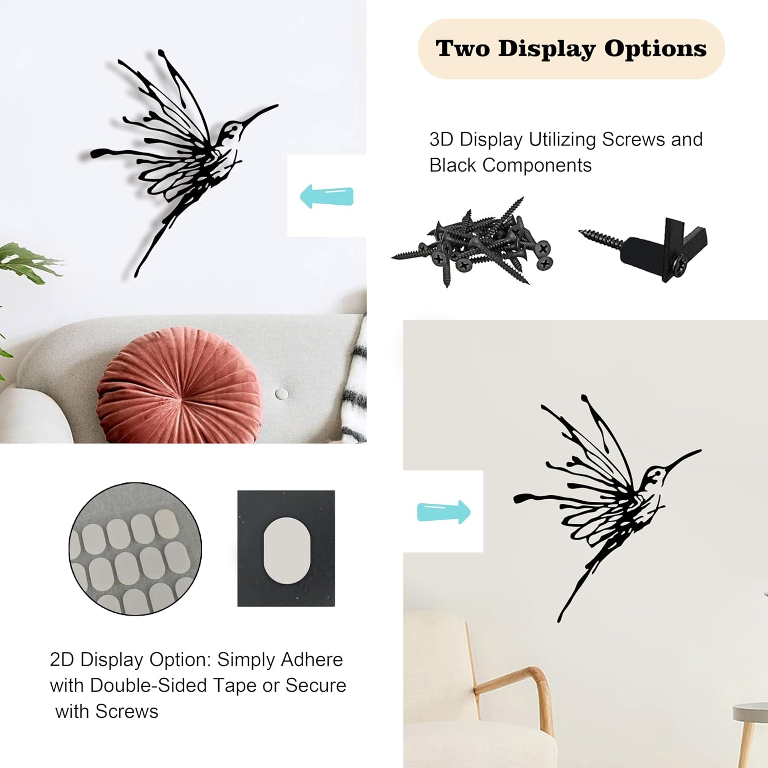 3D Metal Hummingbird Wall Art - Unique Black Outdoor Garden Decor, Waterproof Bird Sculpture