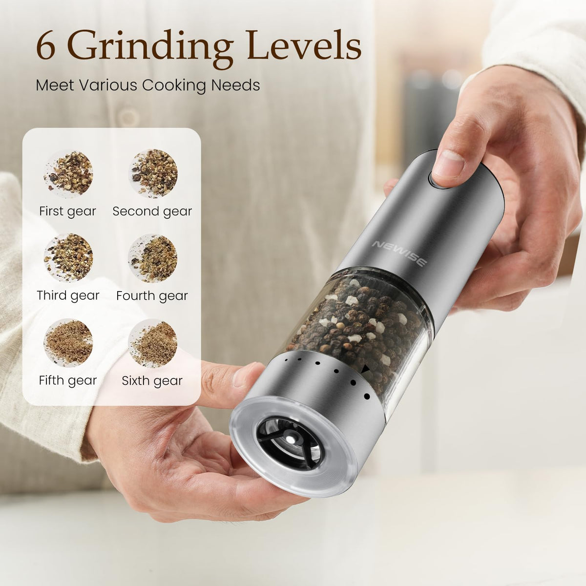 Electric Salt and Pepper Grinder Set Rechargeable Stainless - Newise Official Imagery - 3