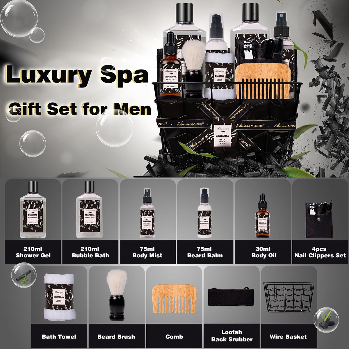Spa Gifts for Men 10pc Charcoal Bath and Body Gift Set for - ArioseMonde Official Imagery - 3