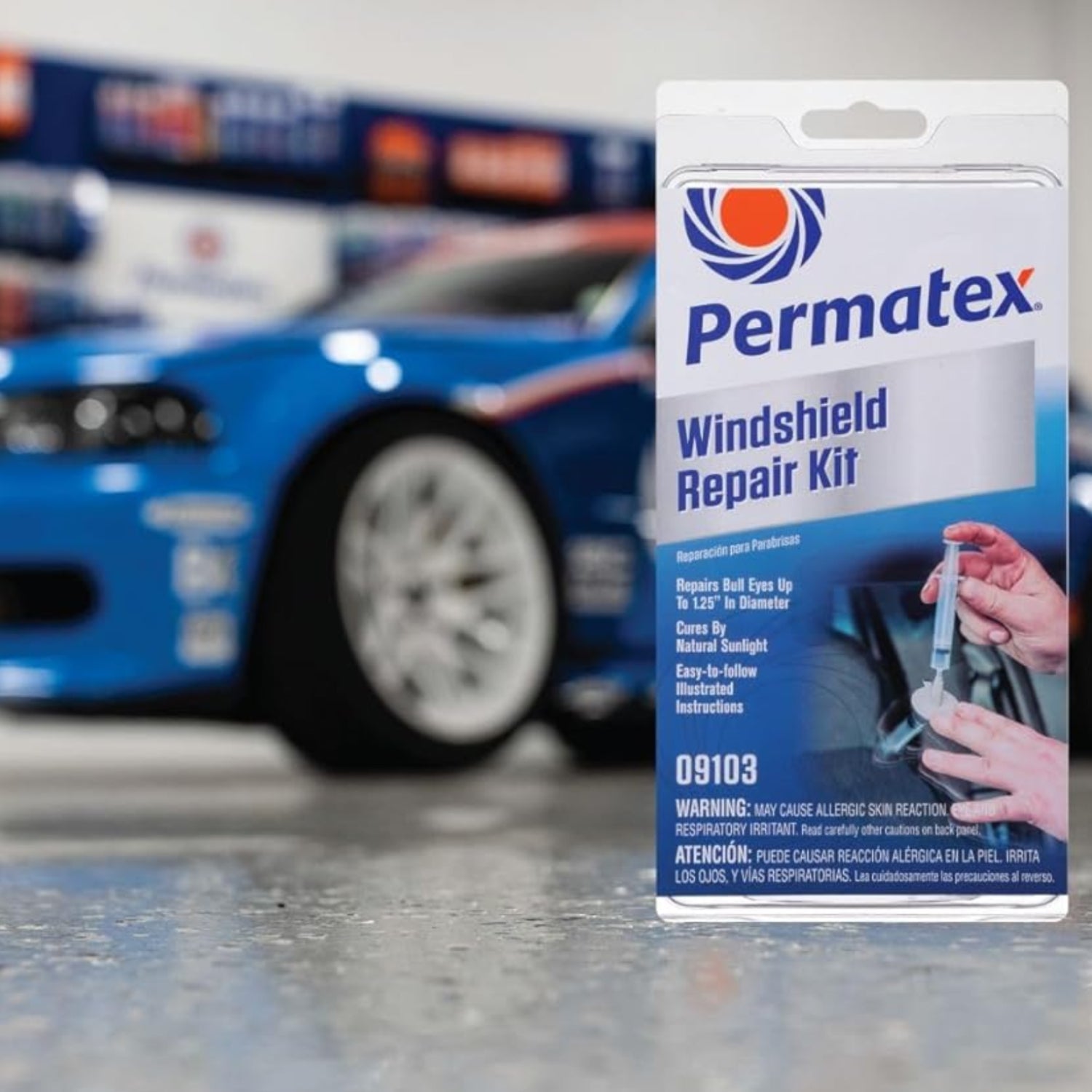 Permatex automotive windshield repair kit for chips and cracks, includes resin and tools for quick damage repair.