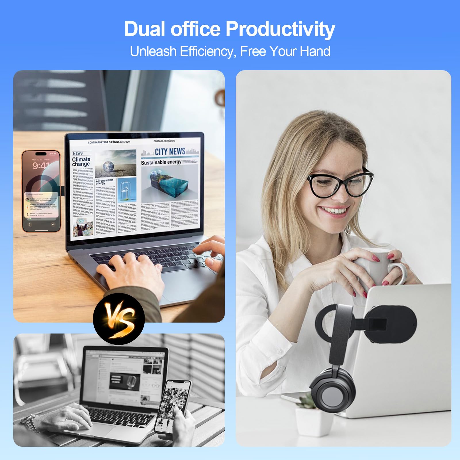 TecChic 3-in-1 magnetic phone stand with rotatable mount, compatible with iPhone 14-17, for car, gym, kitchen, and desk use.