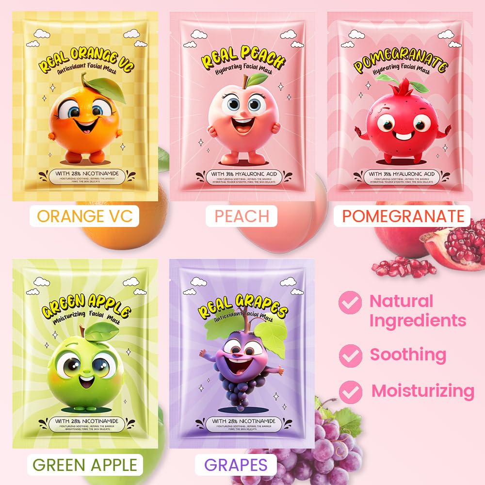 10 Pack Fruit Face Masks for Kids, Kids Face Mask Spa Day Kit - Kaely