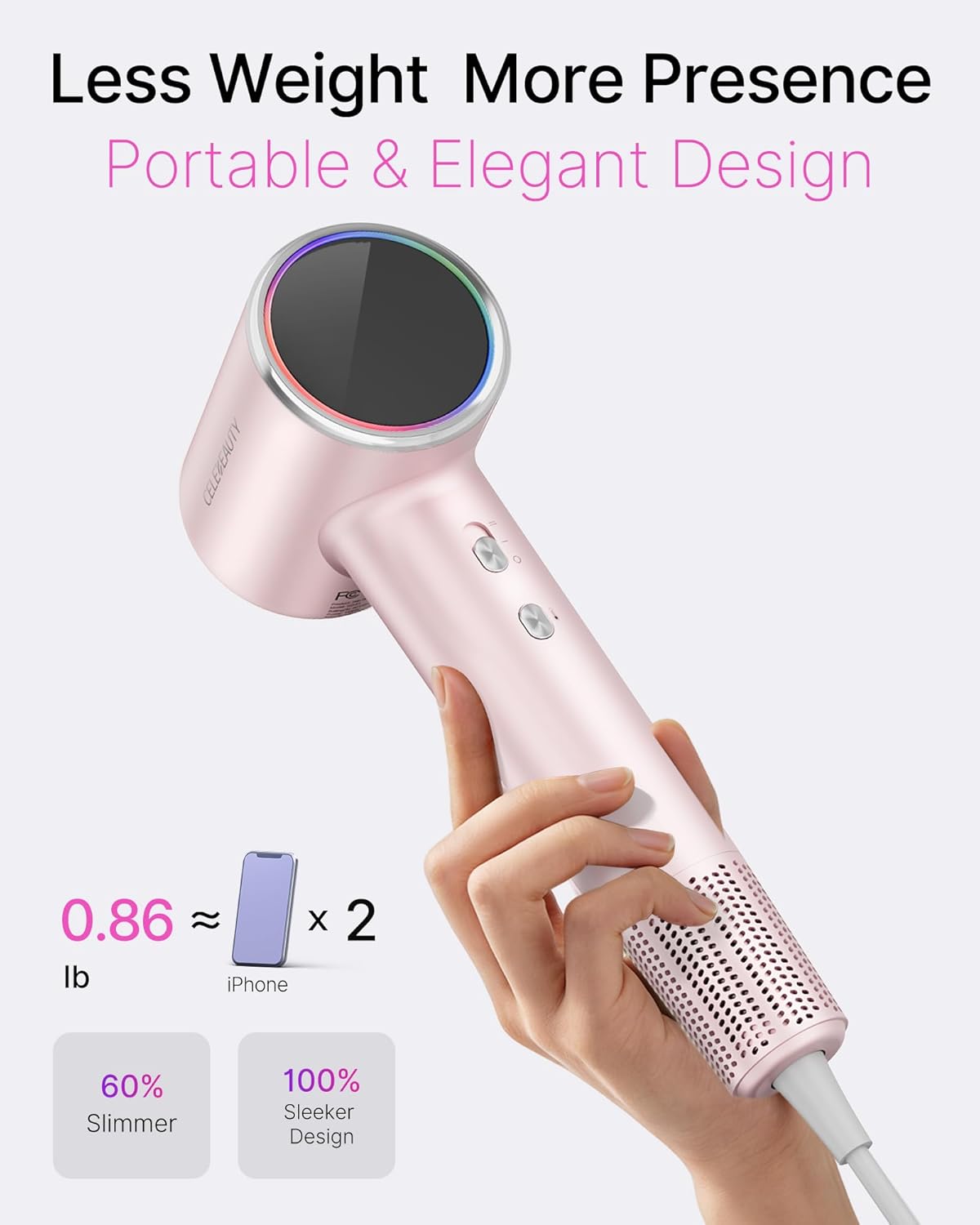 CELEBEAUTY hair dryer with magnetic diffuser and nozzle, brushless motor, ionic technology, 110000 RPM, sleek black design