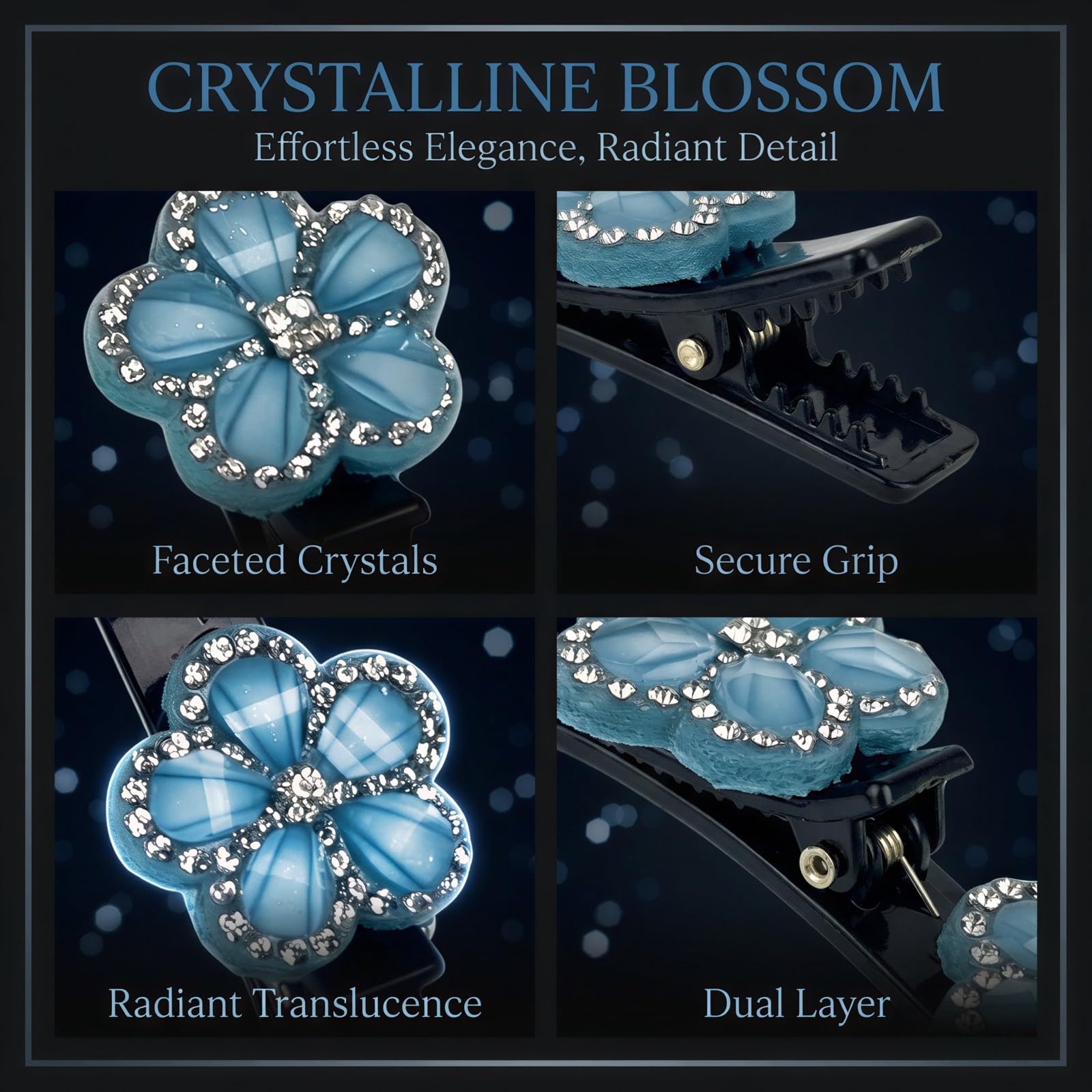 Three braided hair clips with crystal flower design, sparkling rhinestones, blue and black colors, ideal for women’s party or daily styling.