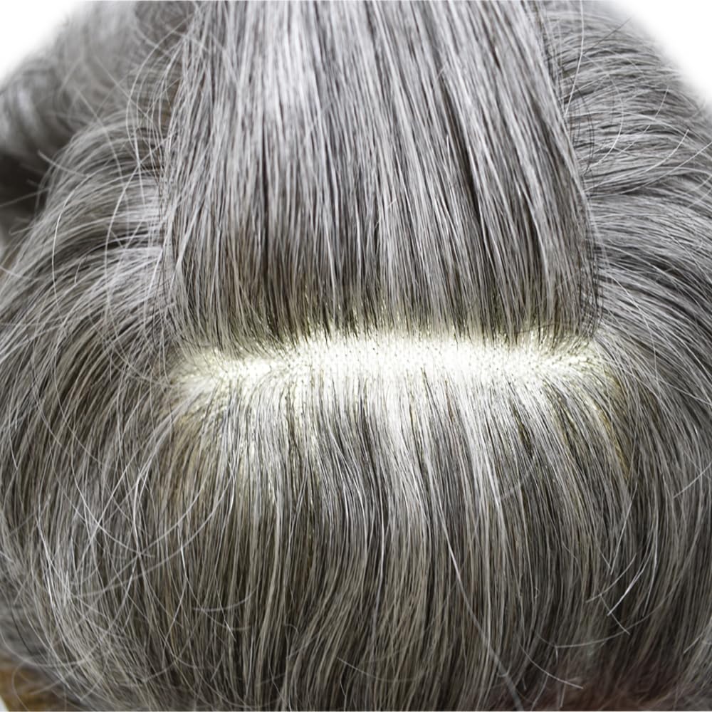 Curve Hair men's toupee wig with human hair, monofilament base, in #1B60 Off Black with 60% gray, 5x7 inches.