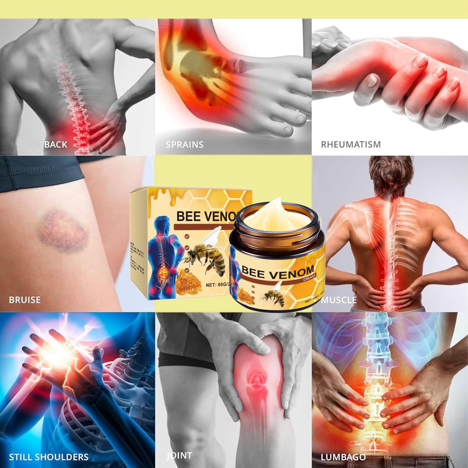 OSFRIAGE Bee Venom Joint Gel 60g for back, knee, and neck, showing two tubes of skin moisturizer with bee venom.