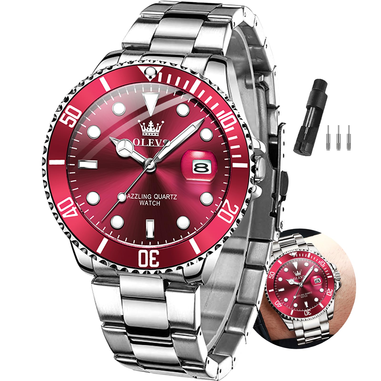 OLEVS Men's Silver & Red Dial Dress Watch Quartz Date Steel