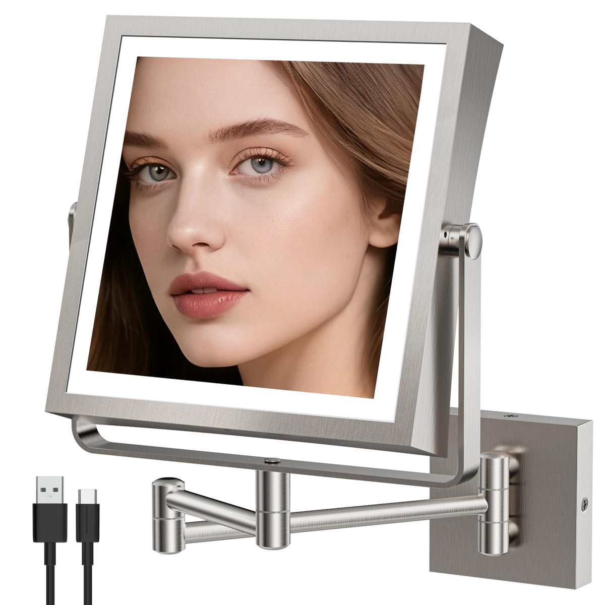 Wall Mounted Lighted Makeup Mirror 1X 10X Square Brushed - MIROAMZ Official Imagery - 2