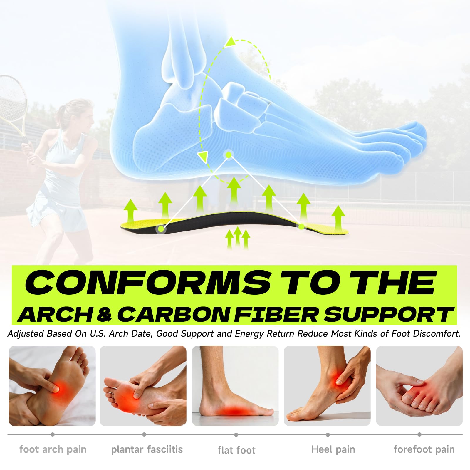 XTZZSOLE Carbon Fiber Arch Support Insoles 3/4 Length