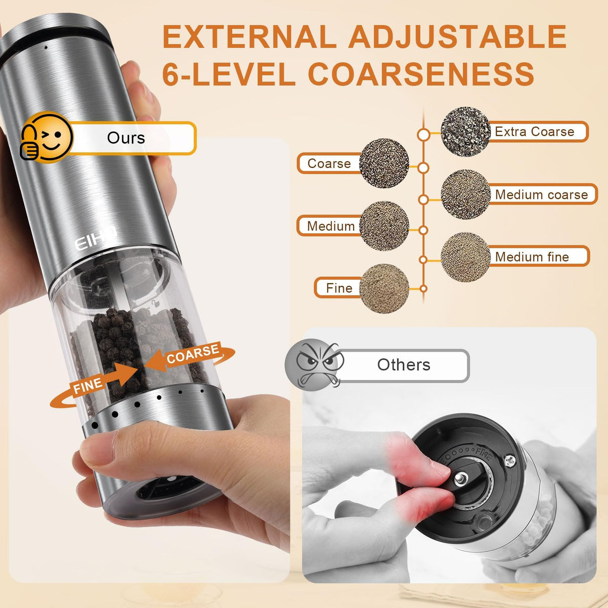 Electric Salt and Pepper Grinder Set Rechargeable Automatic - EIHO Official Imagery - 3