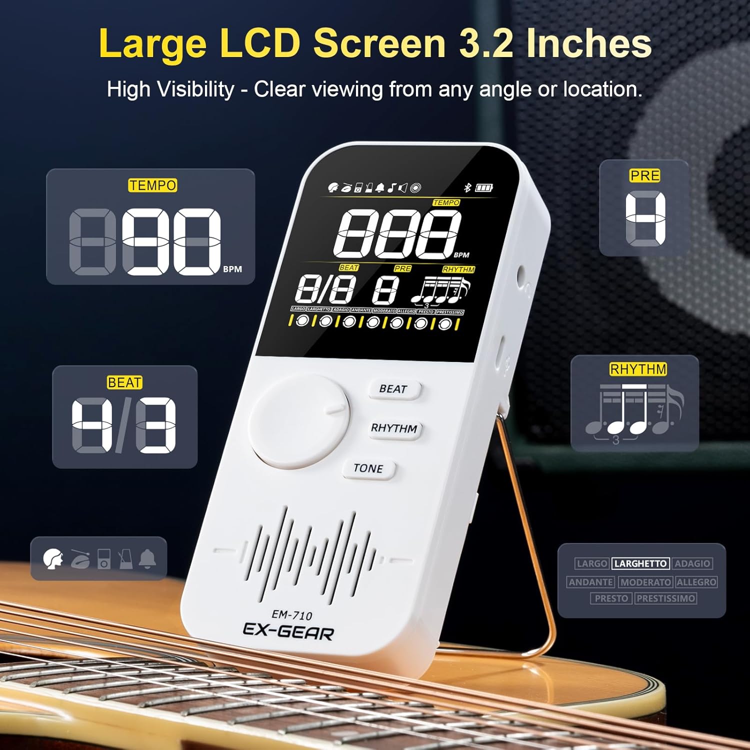 EX GEAR digital metronome with rechargeable battery and colorful LCD screen, shown on a white background.