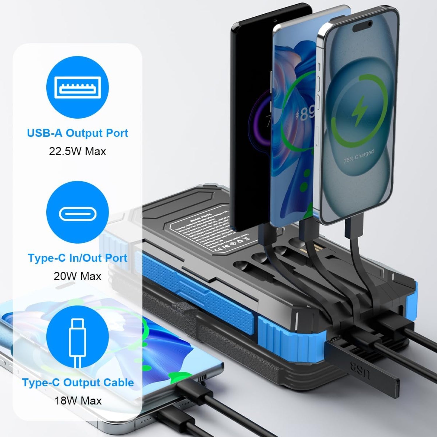 Solar Charger Power Bank 49800mAh with 4 Built-in Cables & 3 Foldable