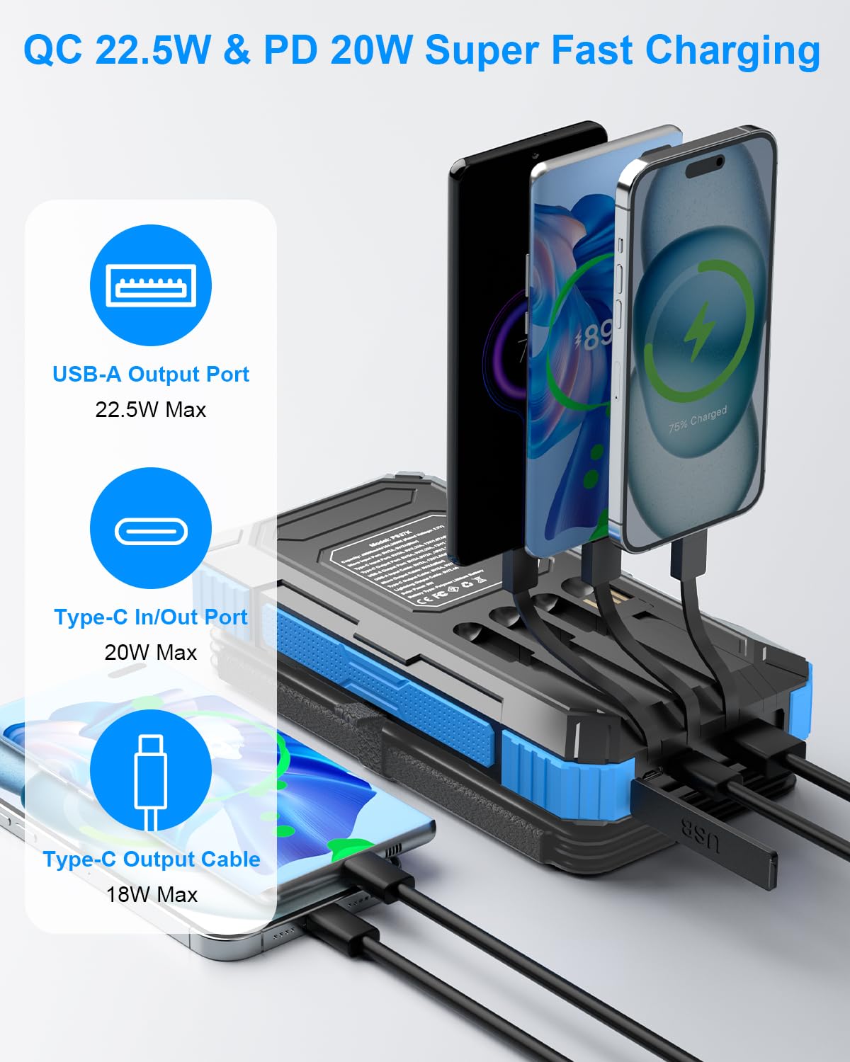 Multi-device charging station with fast charging capabilities on a light gray background