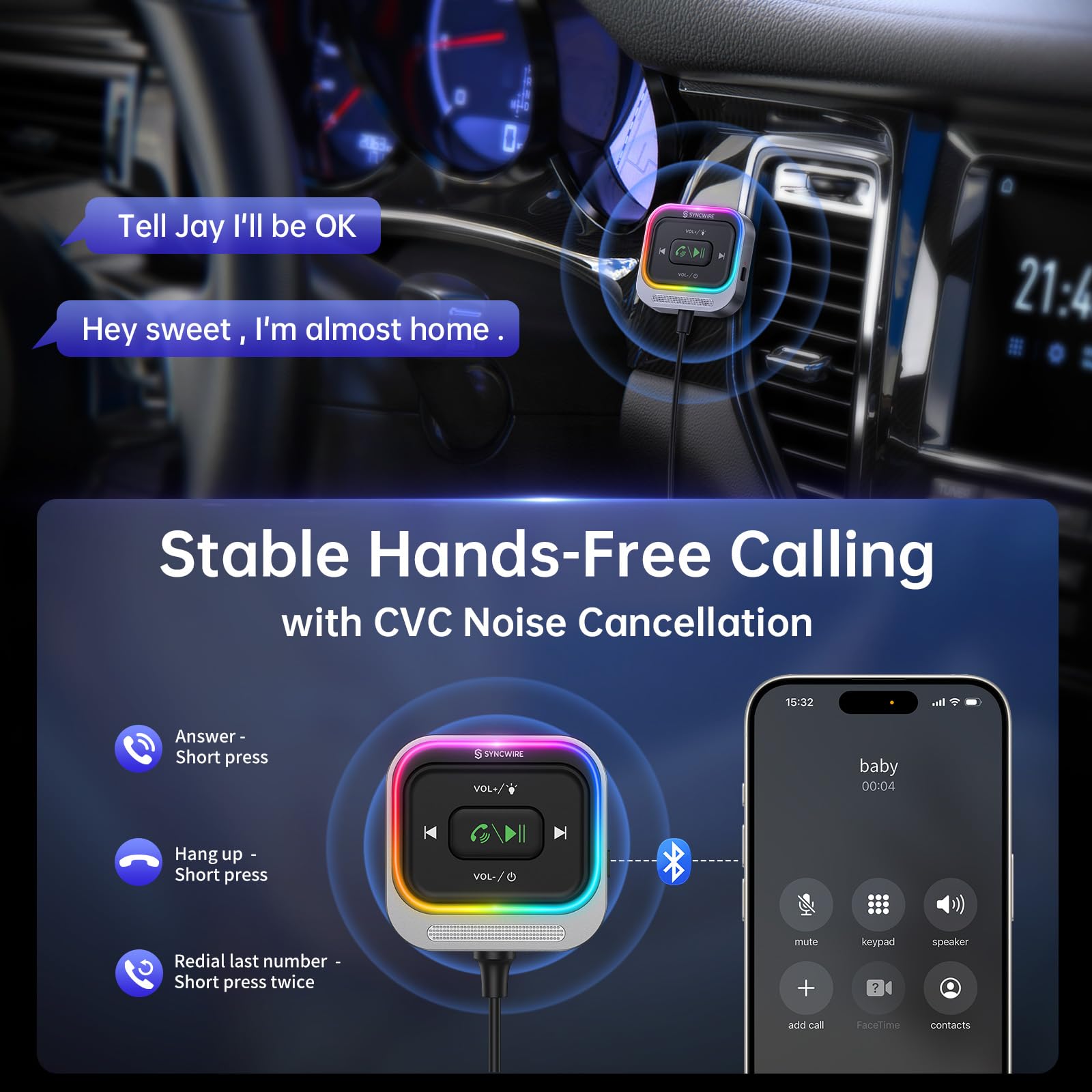Syncwire Bluetooth 5.4 Receiver 3.5mm Aux Car Adapter Bluetooth R by SYNCWIRE - Angle View 2