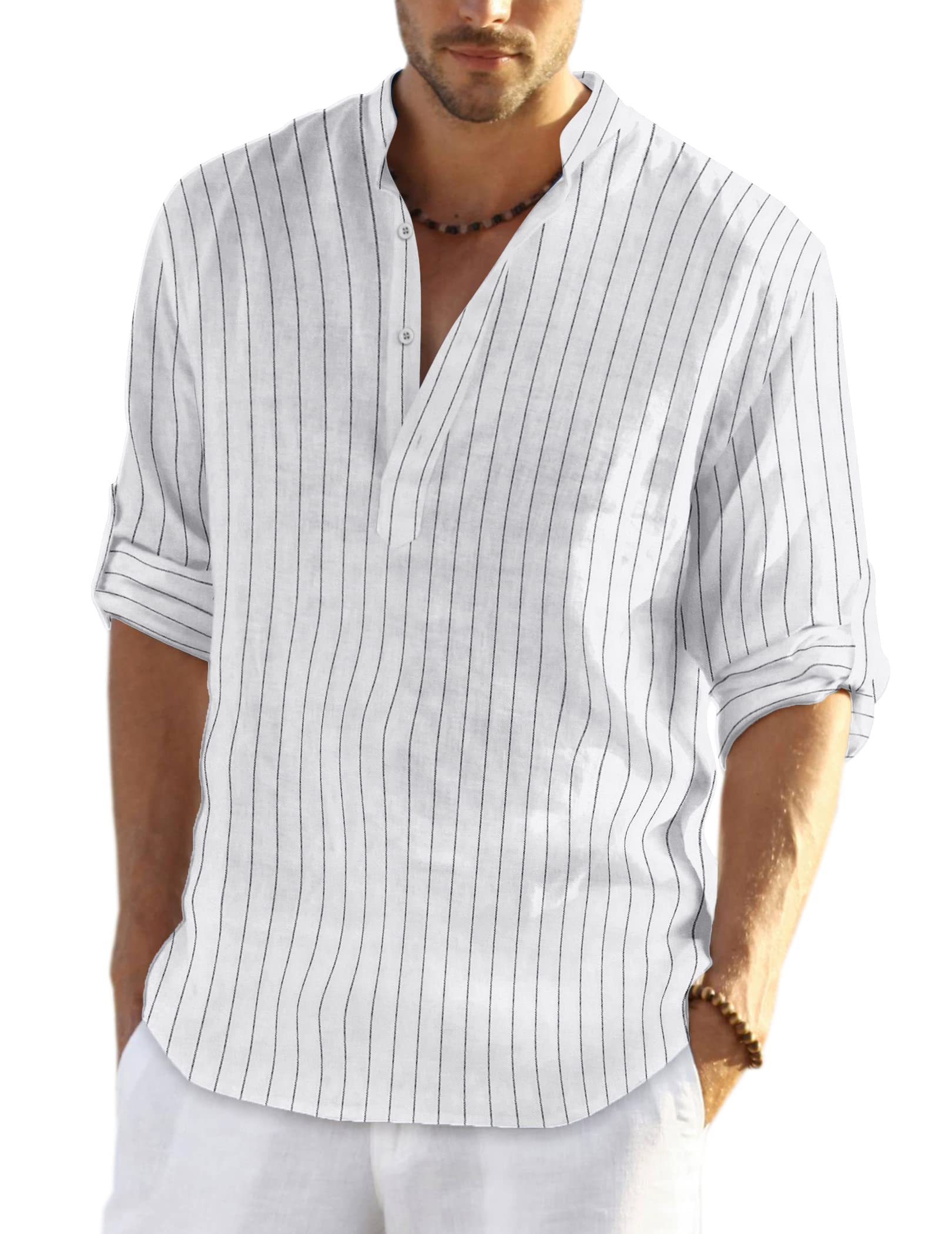 COOFANDY Men's Cotton Linen Henley T-Shirts Long Sleeve Casual - Product Imagery