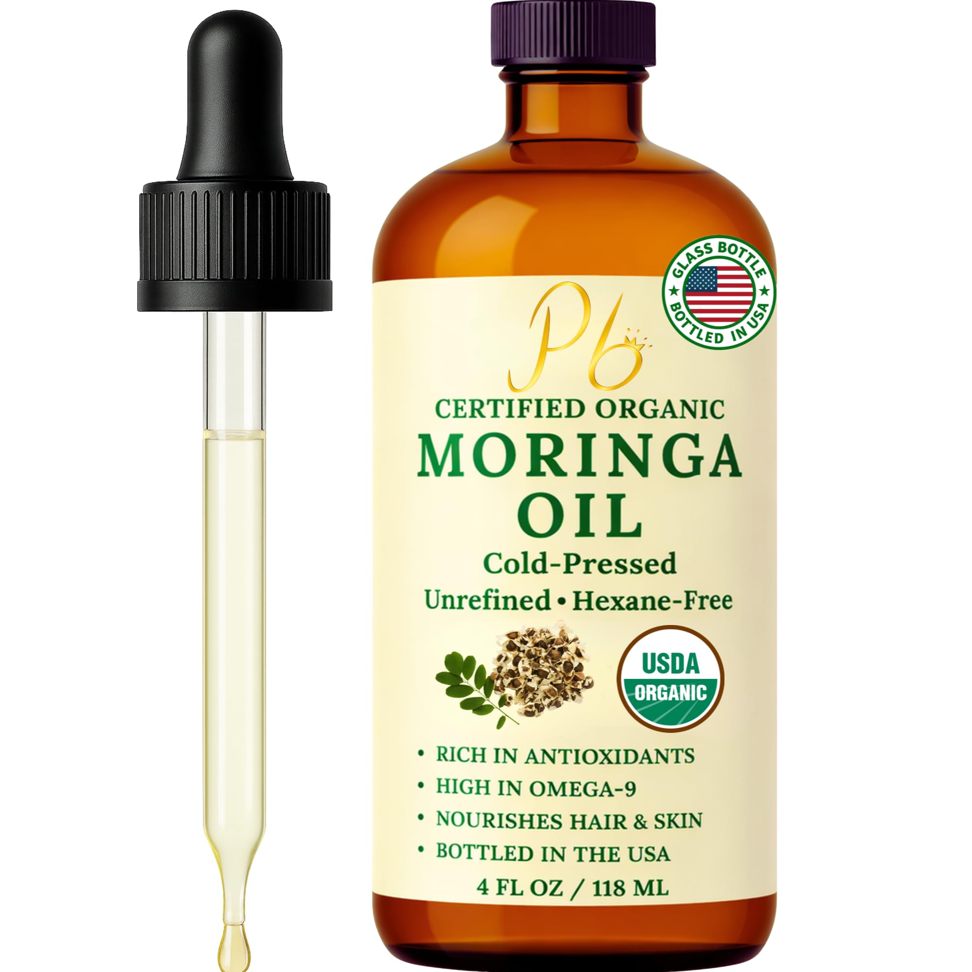 Pomberries Organic Moringa Oil in a 4oz bottle, moisturizing face, skin, and hair with natural nourishing ingredients.