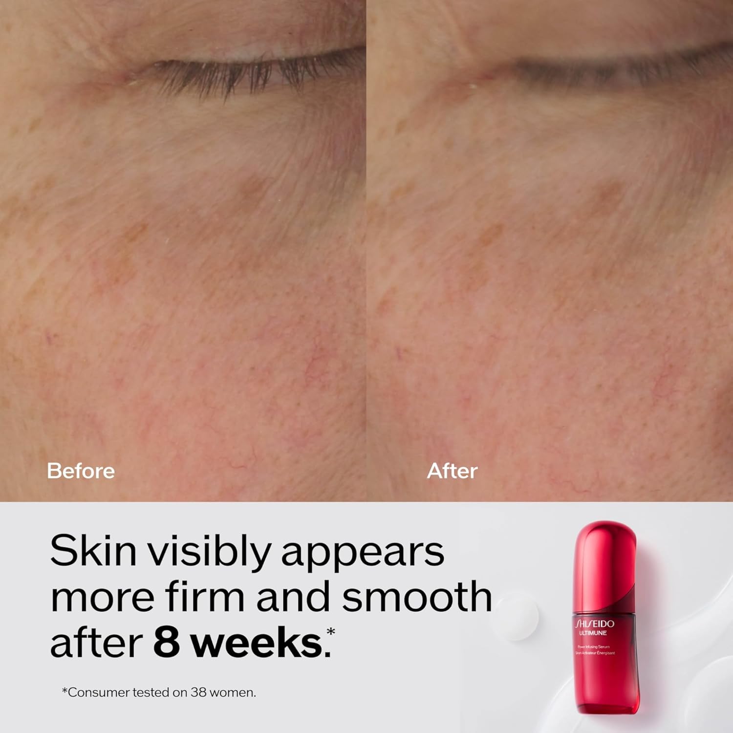 Shiseido Ultimune Power Infusing Serum in a sleek bottle, showcasing its lightweight, hydrating face serum formula.
