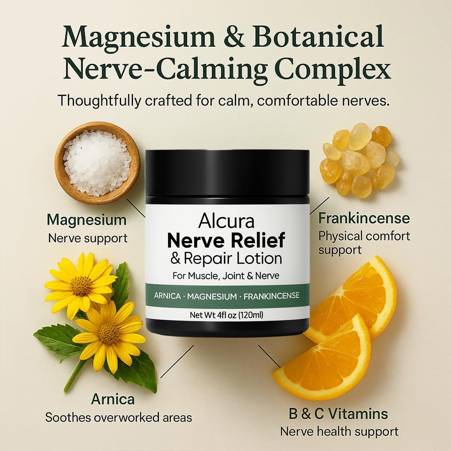 Alcura Lotion, Alcura Cream with Magnesium Massage Body Moisturizer – 4 fl oz
