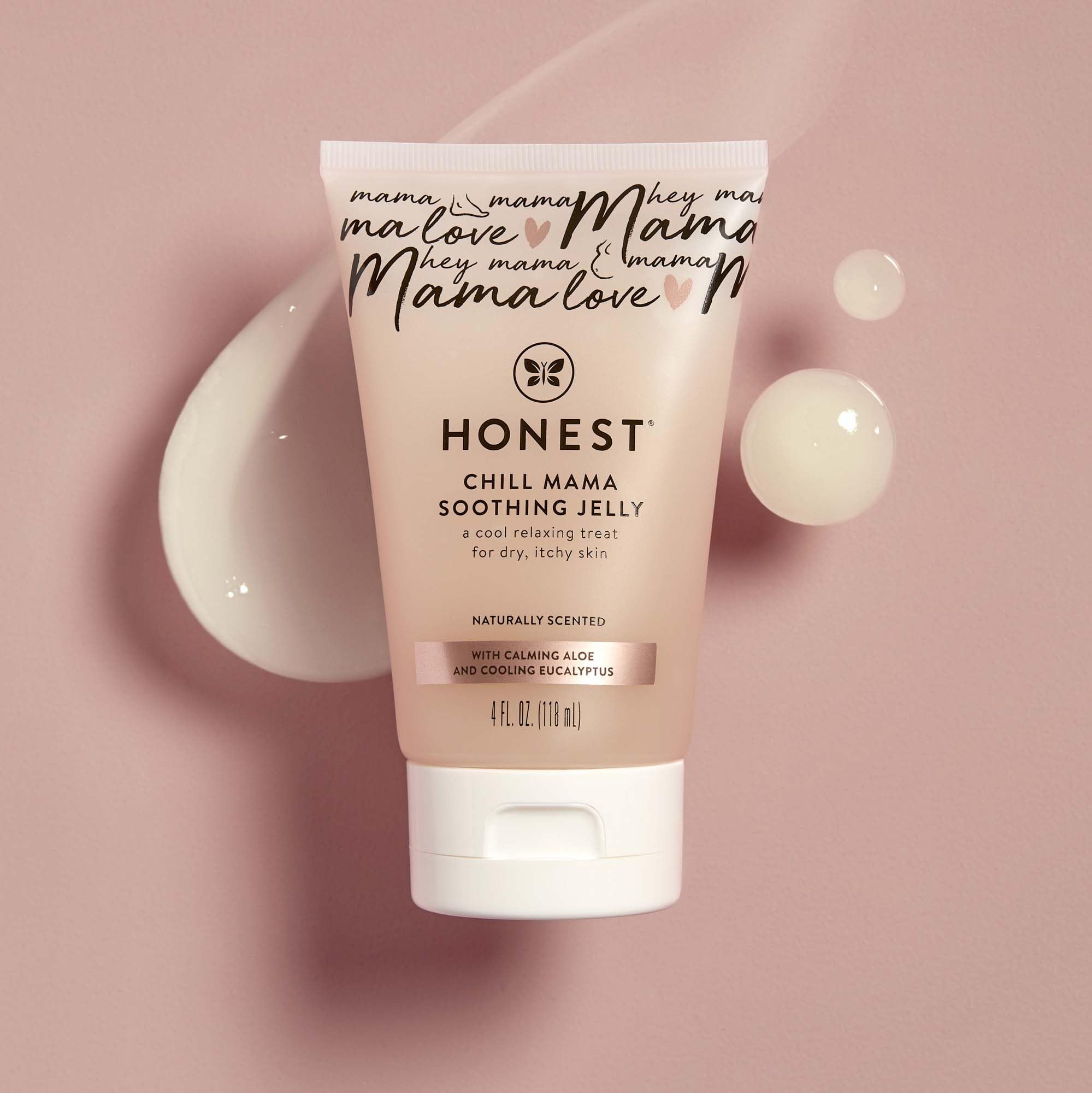 The Honest Company Mama Chill soothing belly jelly in a 4 oz jar, designed to moisturize and soothe sensitive skin during pregnancy.
