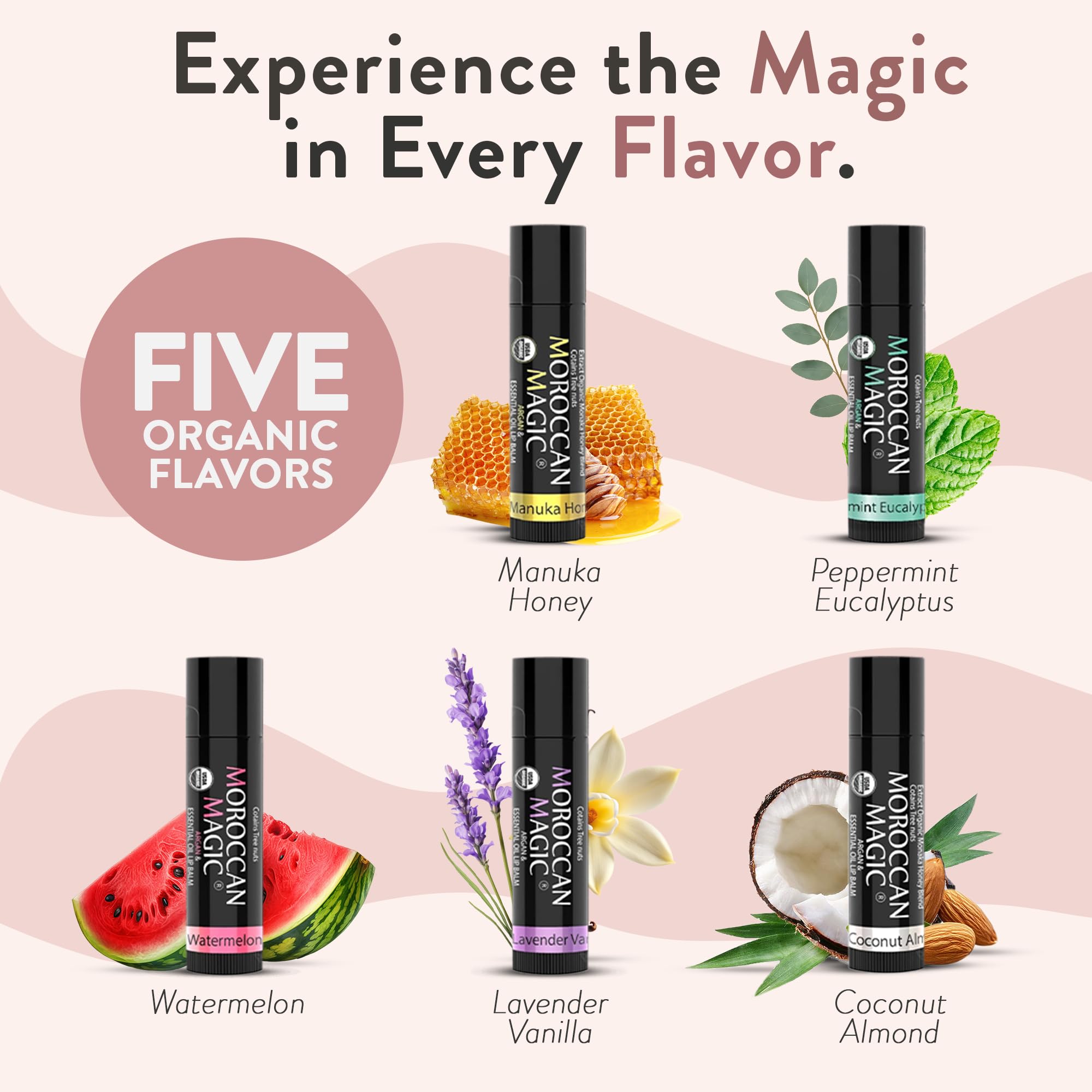 Moroccan Magic Organic Lip Balm 5 Piece Variety Pack Gift Set | Ultra-Hydrating Argan & Essential Oil Lip Moisturizer + Vitamin E | Smooth | Natural | Non-Toxic | Cruelty Free | 5 Pack - Moroccan Magic Official Product View 3