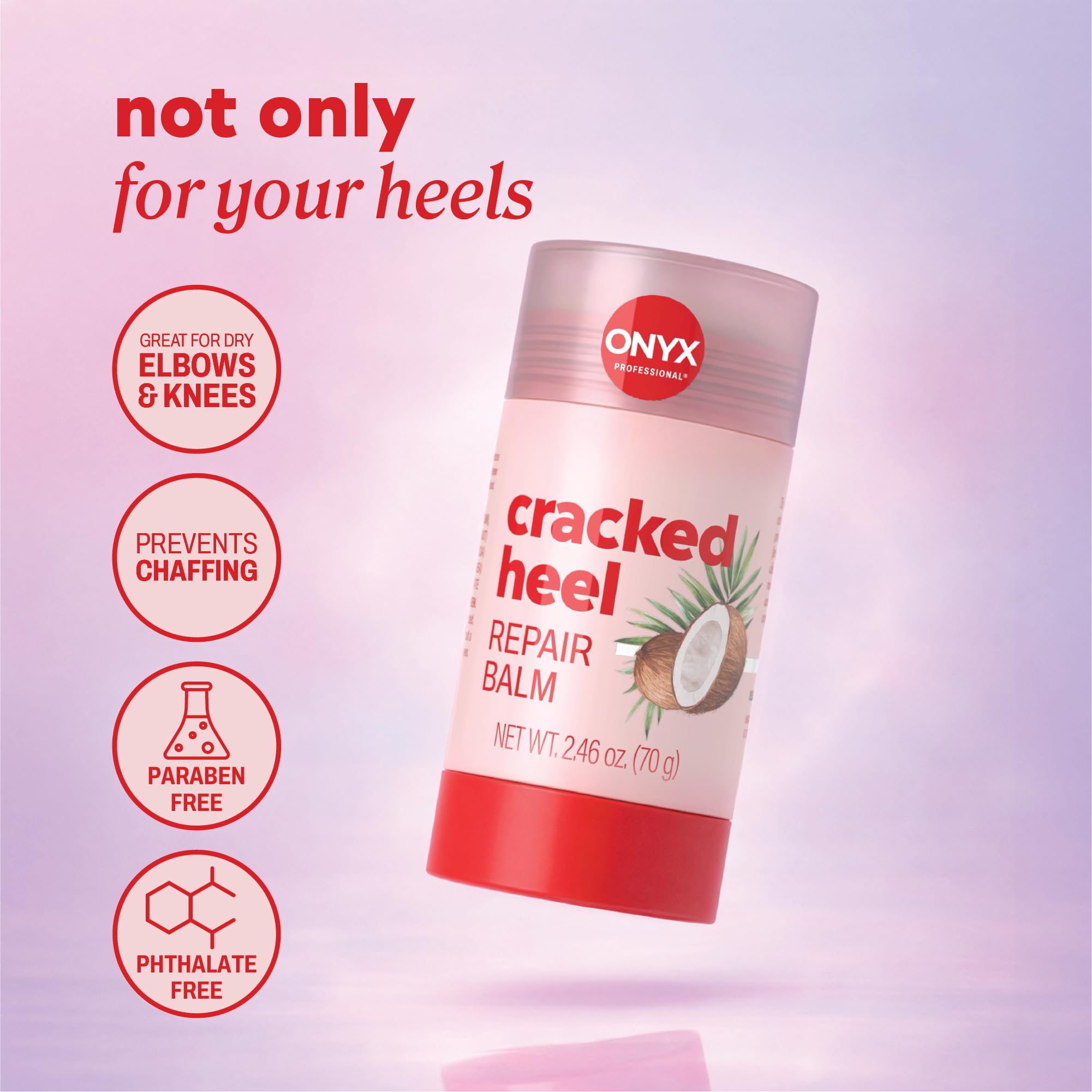 Onyx Professional Heel Repair Balm Stick in coconut, a skin moisturizer for softening and repairing dry, cracked heels.