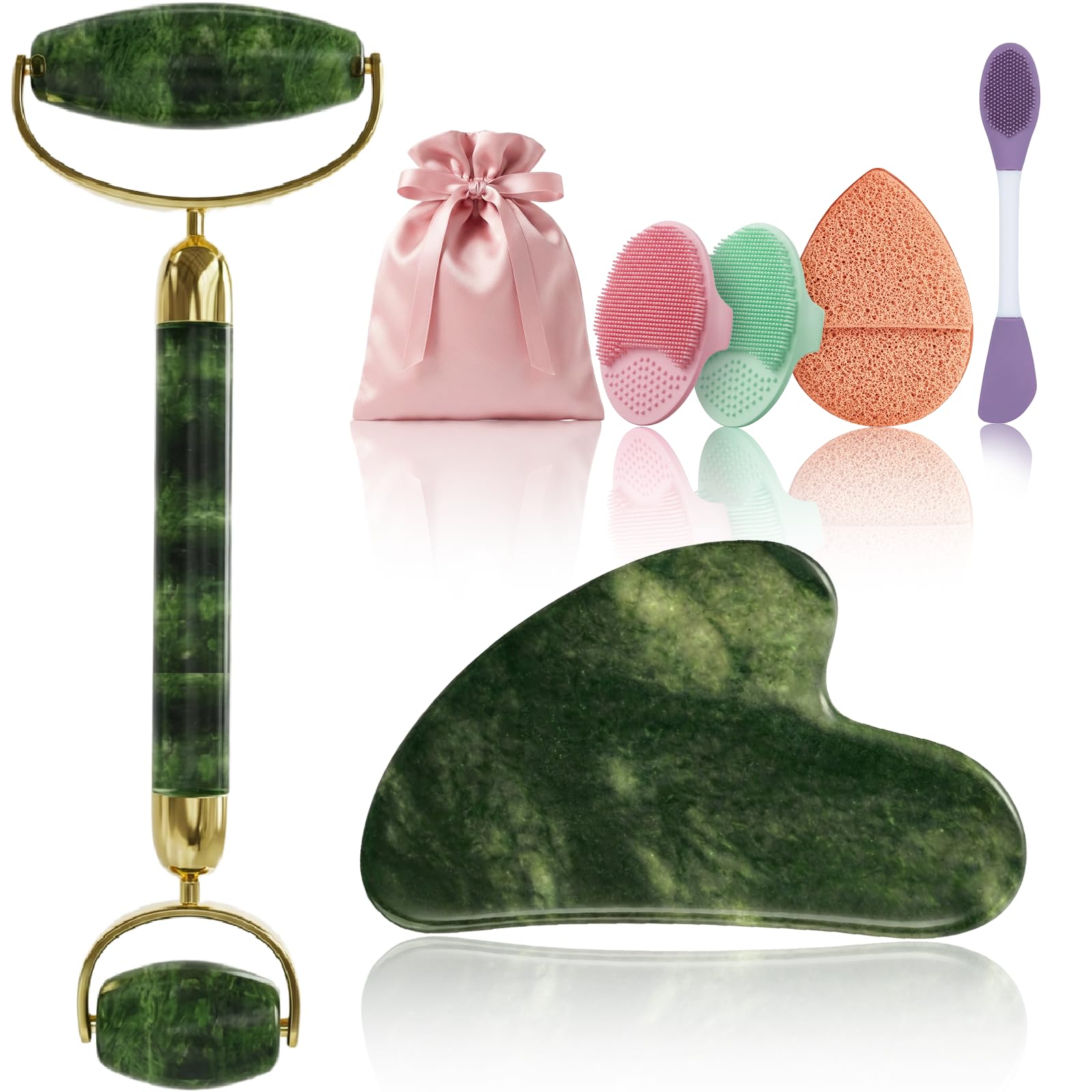 Rena Chris Gua Sha and Face Roller Set: Face Skin Care Tools with Facial Cleansing Brush, 2 Silicone Scrubber Pads & Face Sponge, Travel Bag, Self Care Gift
