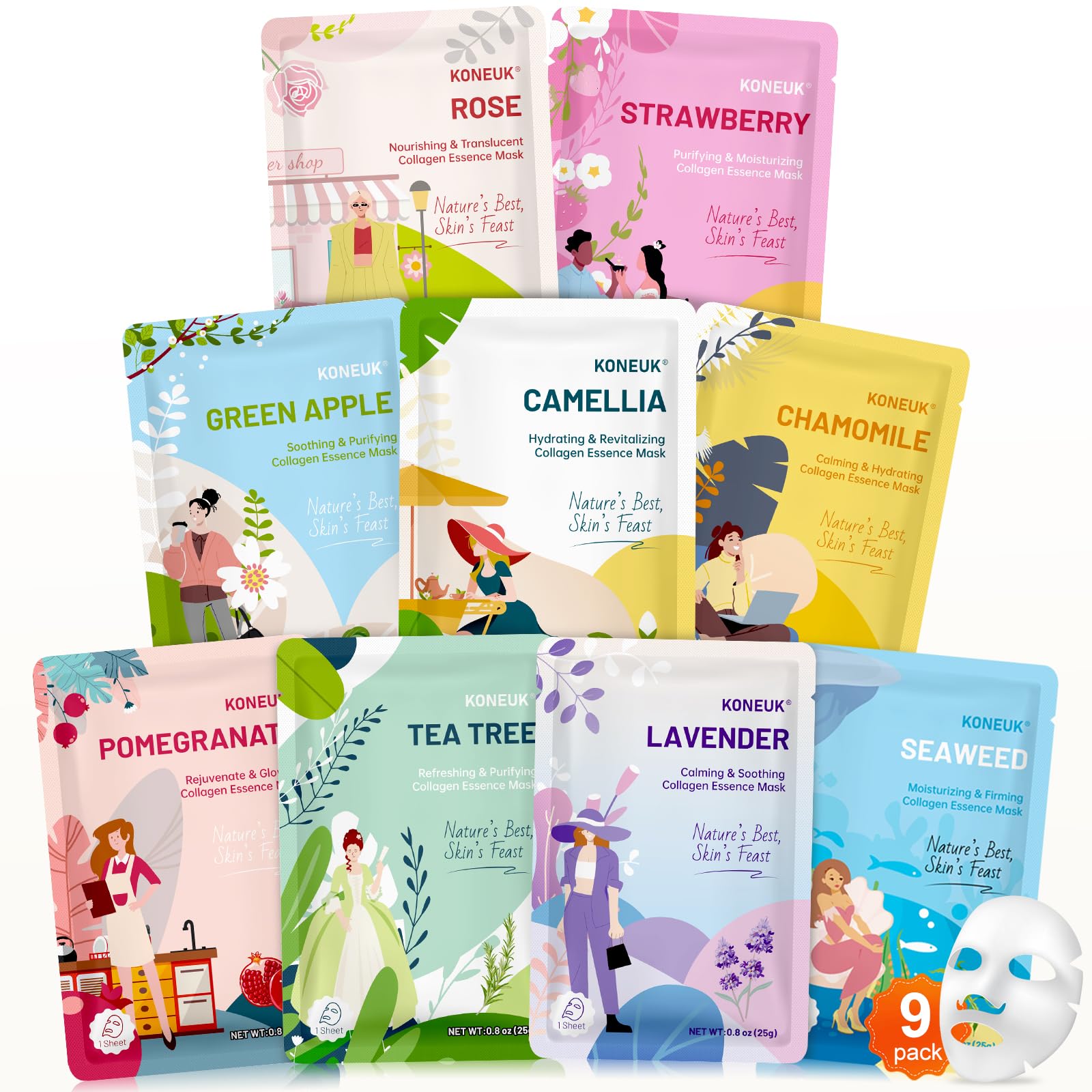 9 Pack Hydrating Face Masks Skincare, Bulk Sheet Face Mask for - Product Imagery